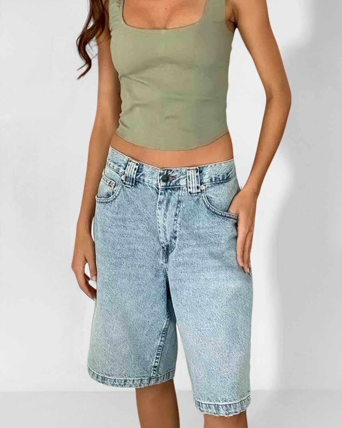 Jorts Women Baggy with Pockets-Baggy Mid-Low Waist Denim Shorts Women, Casual Wide Leg Summer Jean Shorts - Image 2