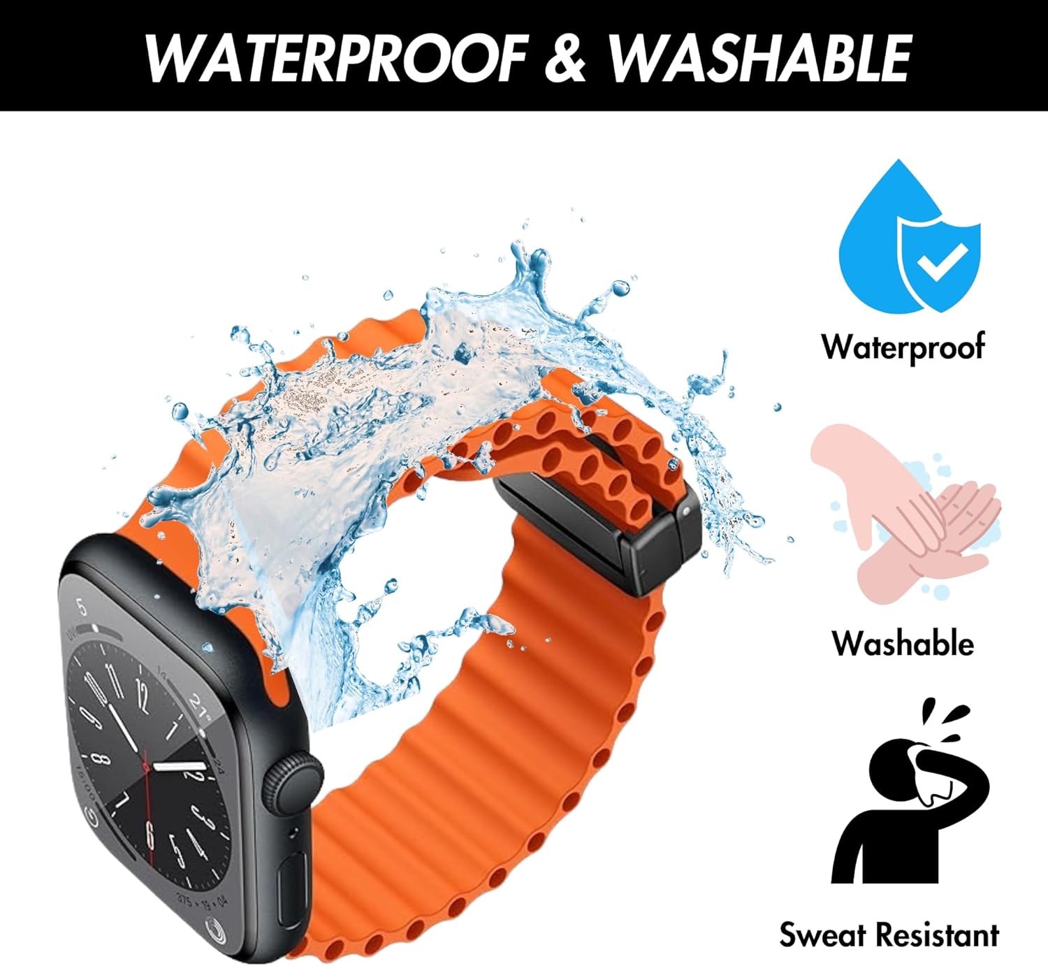 Bandini Magnetic Clasp Soft Rubber Silicone Ocean Ripple Strap for Apple Watch Band Ultra 1, 2 & Series 11 10/9/8/7/6/5/4/3/SE, Fits Apple Watch 49mm 46mm 45mm 44mm 42mm 41mm 40mm 38mm for Men Women