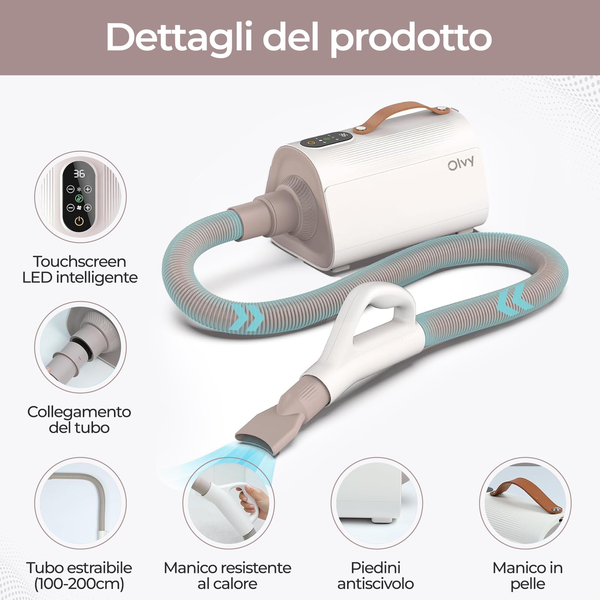 Olvy Asciugacapelli per Cani, Phon per Animali Domestici con Schermo LED Touch, velocità del Vento Regolabile, 4 Ugelli, Soffiatore Professionale per Toelettatura Cani