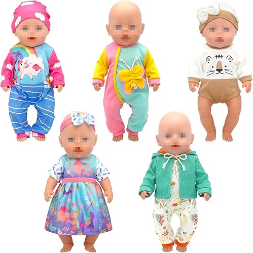 Miniatura 8 de SOTOGO 5 juegos de ropa de muñeca de bebé, trajes con sombreros para muñecas recién nacidas de 14 a 17 pulgadas, ropa de muñecas americanas de 18