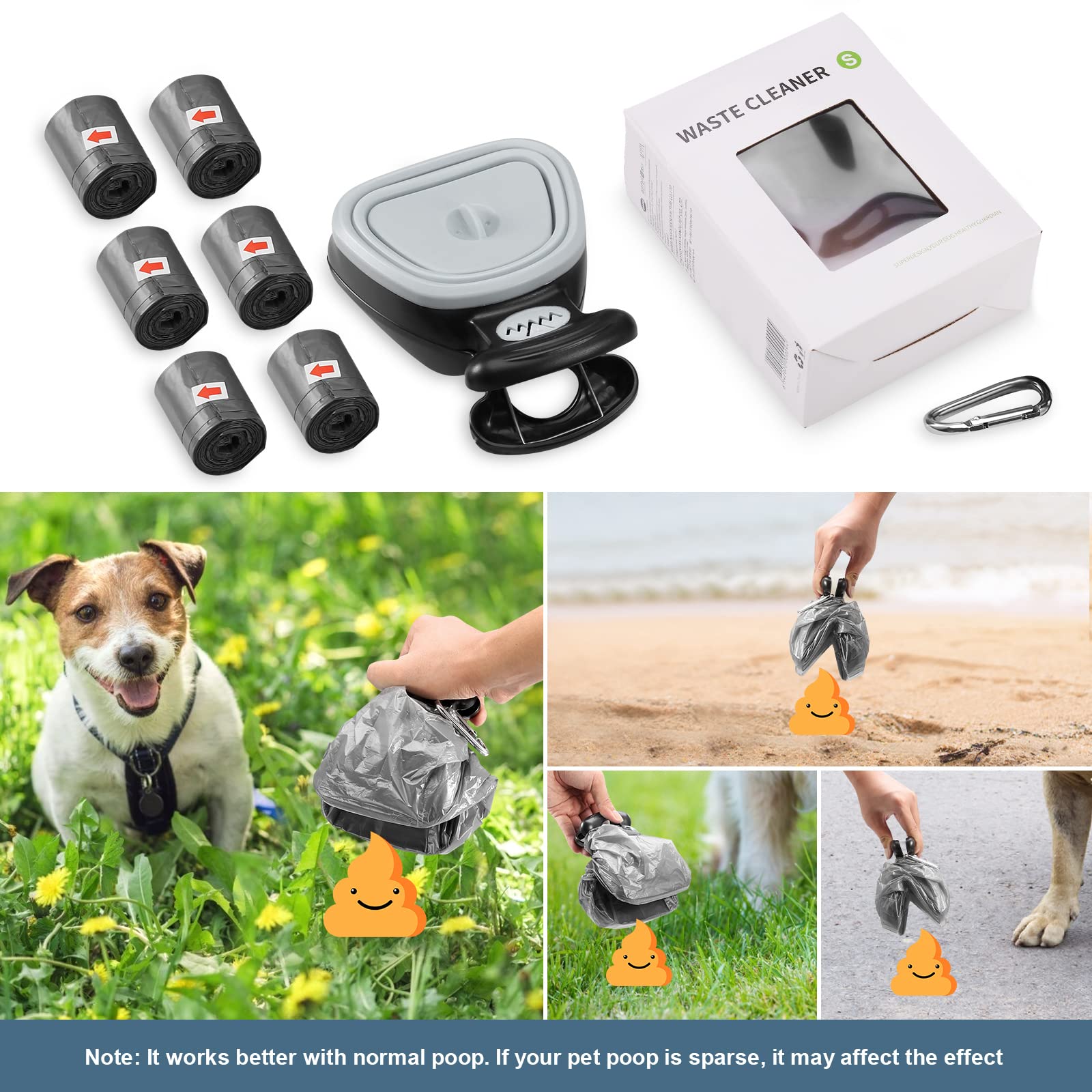 Pinza per Escrementi di Cani, Scoop per Animali Domestici, Raccogli Cacca Cane e Gatto con Dispenser Bag, Portatile Raccoglitore di Cacca (Include 1 Rotolo di Sacchi per Rifiuti)