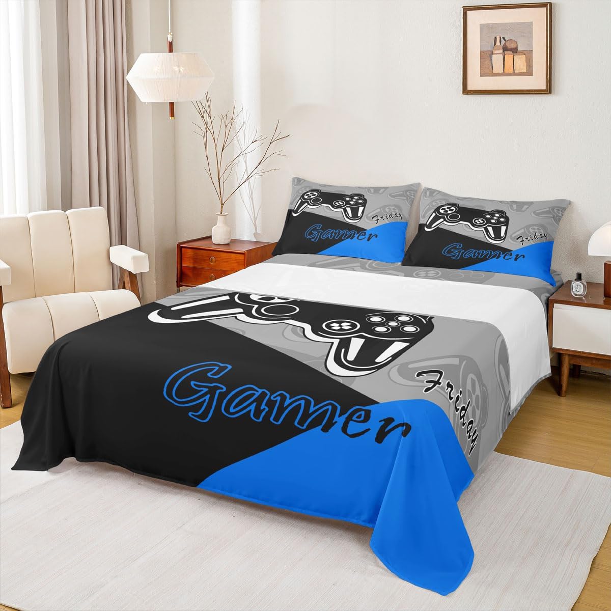 Feelyou Kids Gamer Bed Sheets Set Boys and Girls Gaming Bedding Set Video Game Controller Fitted Sheets 4Pcs Sheets Includes 1 Sheet & 1 Flat Sheet with 2 Pillowcases Blue Black (Full)