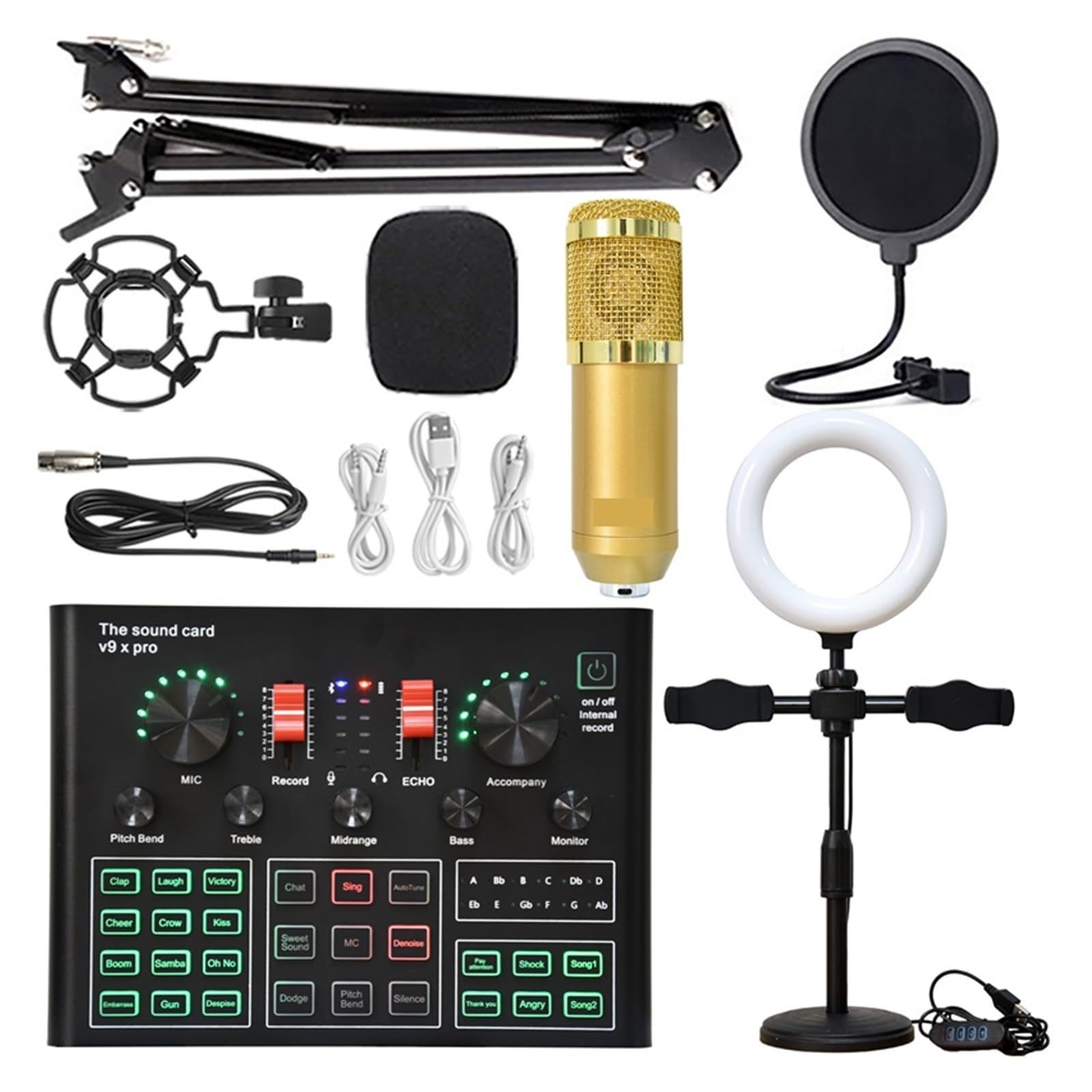 Kit Scheda Audio Professionale a condensatore Micro Bluetooth Scheda Audio Wireless per Karaoke con Staffa a sbalzo Luce di riempimento Studio Setup per la Registrazione di Musica