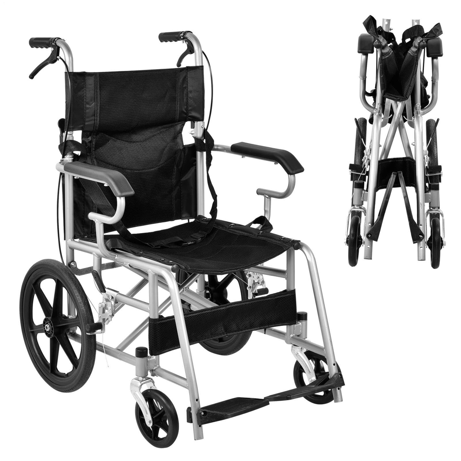Silla de ruedas ultraligera, plegable, ligera, 11 kg, asiento de 45,5 cm, soporte de seguridad, cinturón de seguridad, silla de ruedas estrecha para apartamentos, capacidad de carga de 100 kg, para