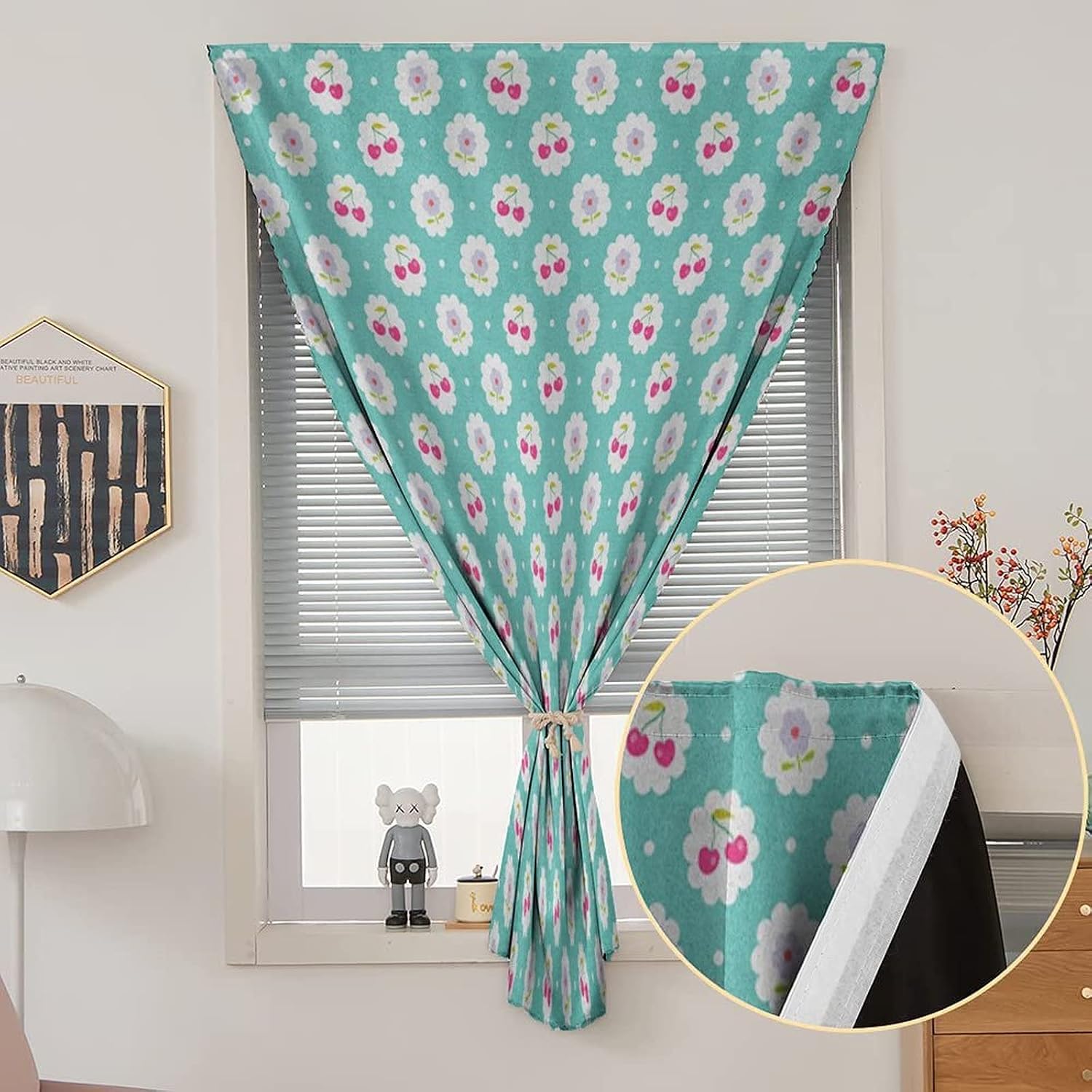 Self Adhesive Portable Blackout Curtains, Seafoam Room Darkening Curtains, Dotted Background with Cherry Flowers Abstract Flora Print Temporary Blackout Blinds,59W x72L Inches, for Bathroom Bedroom