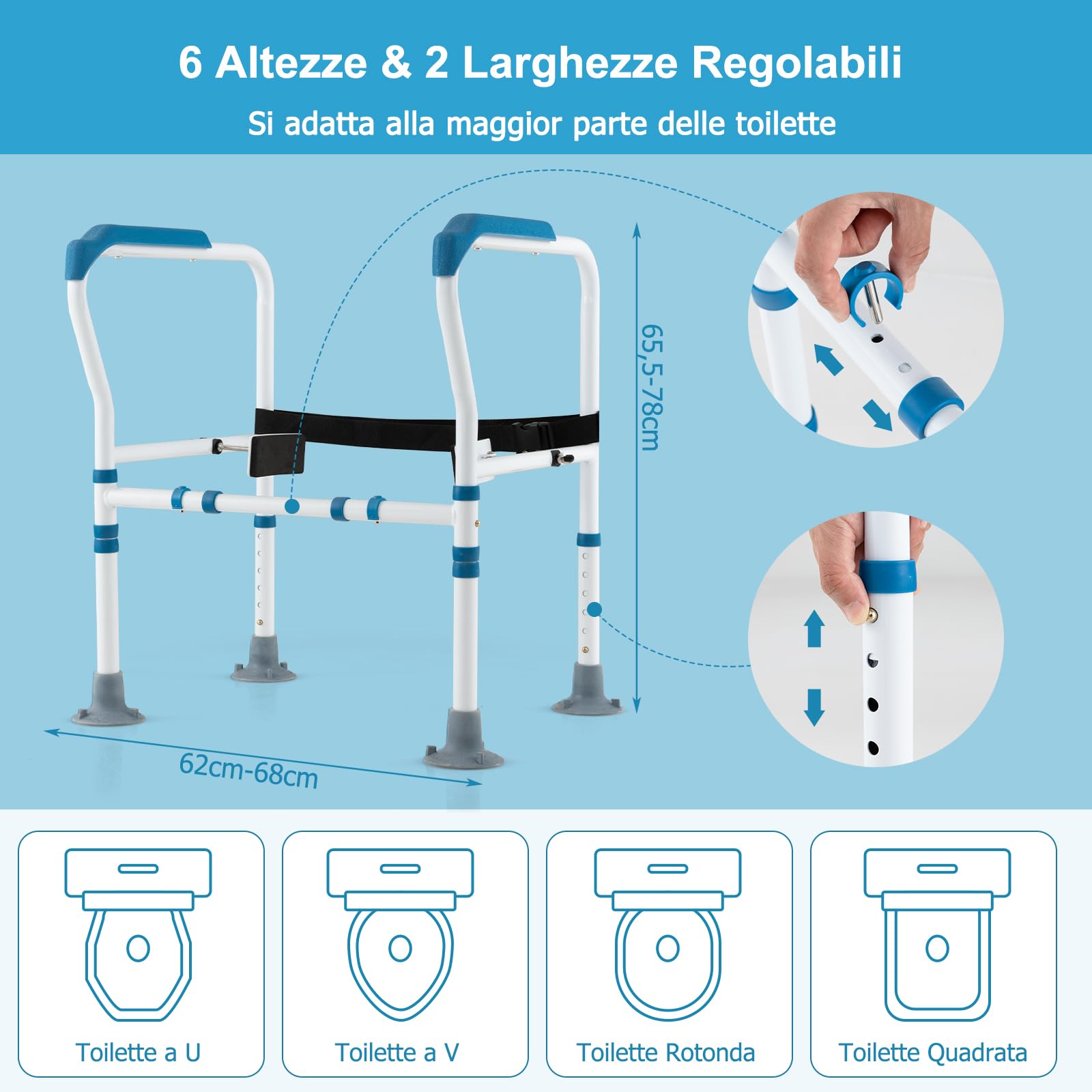 COSTWAY Supporto di Sicurezza Telaio Autonomo per WC, Supporto per WC Regolabile in Altezza e Larghezza con Cinghia di Fissaggio, Con Ventose Antiscivolo (Blu)