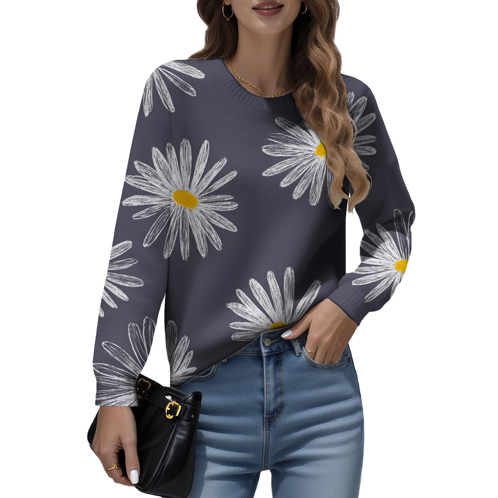 Daisy Flower Sweaters for Women Crewneck Long Sleeve Floral Print Pullover Shirts Cute Fall Winter Knit Sweater Tops