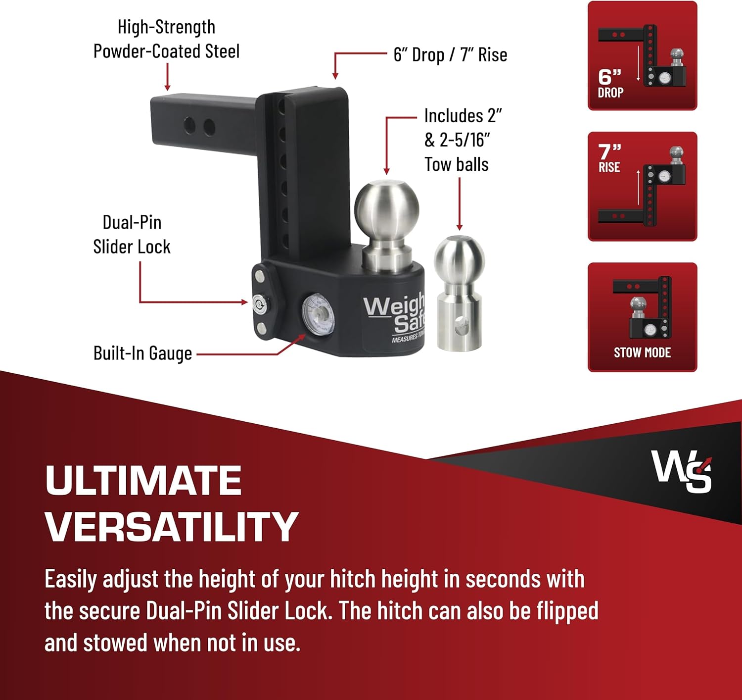 Weigh Safe Steel Drop Hitch - Adjustable Trailer Hitch with Ball Mount - Designed for 2.5" Receivers - Includes 2 Tow Balls - 8" Drop Hitch, 22,000 lbs GTW, 2-Piece Lock Set