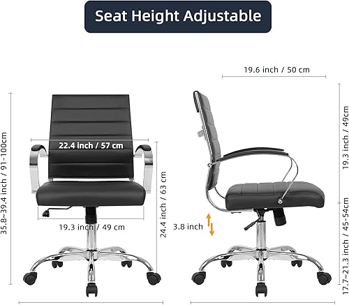 Miniatura 2 de LANDSUN Silla de oficina en casa, silla de escritorio con respaldo medio, silla giratoria ejecutiva acanalada de piel sintética con ruedas y