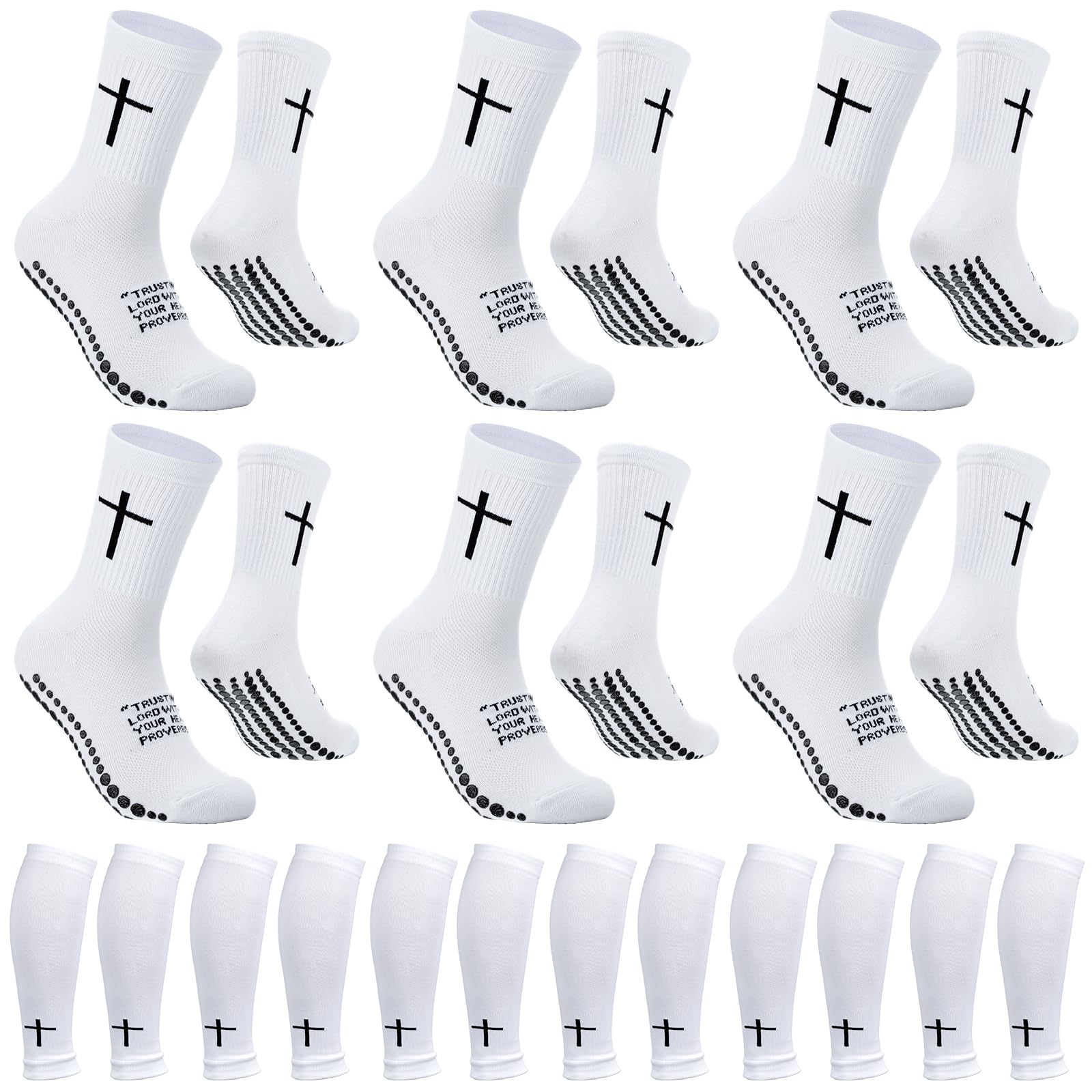 12 Pairs Cross Grip Soccer Socks Soccer Shin Guard Sleeves Non Slip Christian Socks with Bible Verse for Men Women