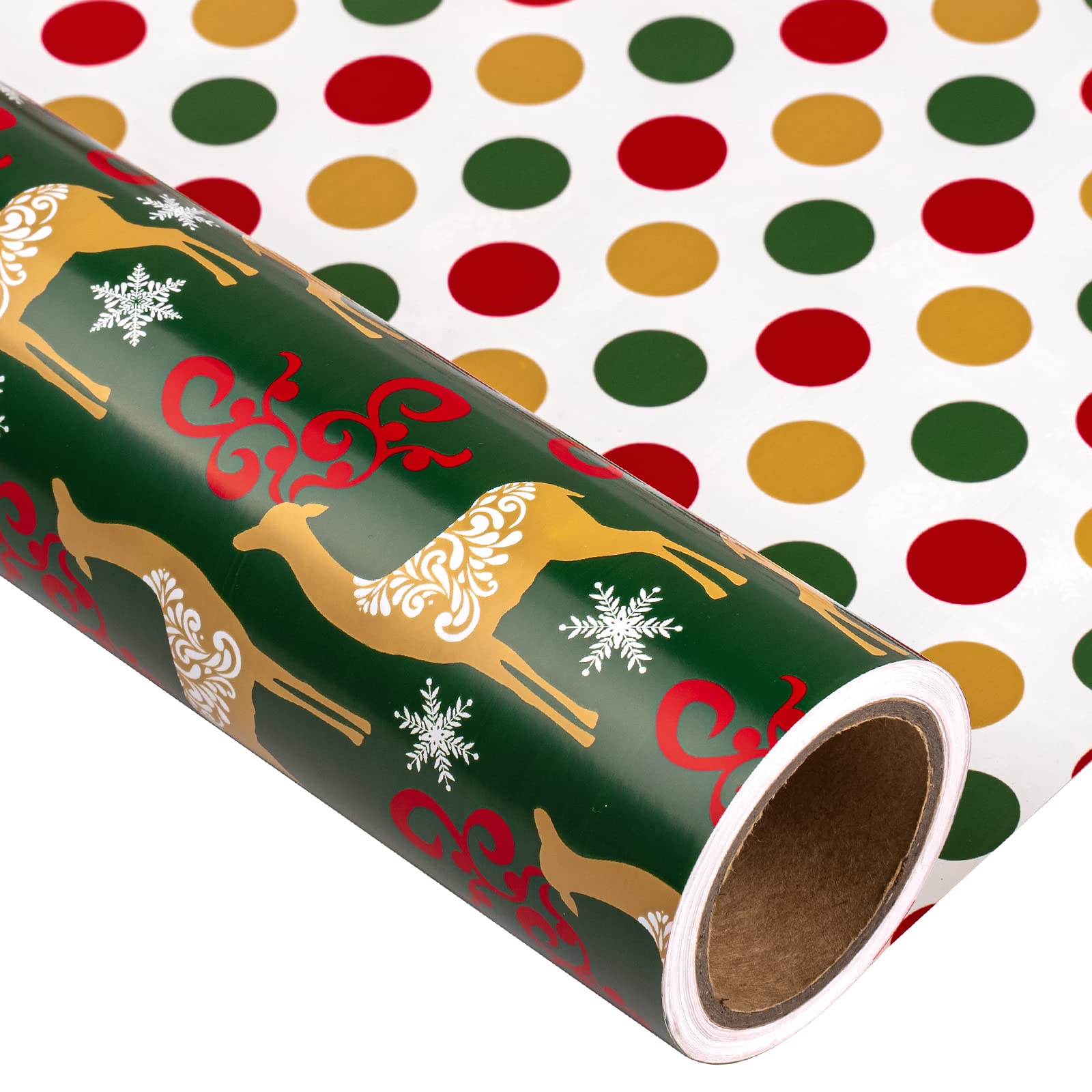 MAYPLUSS Christmas Reversible Wrapping Paper - Mini Roll - 17 Inch X 32.8 Feet - Gold Elk & Polka dots Pattern (47.3 sq.ft.ttl) โ image 1