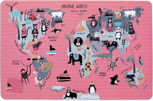 Miniatura 2 de Juego de 3 manteles individuales con diseño de mapa del mundo, diseño educativo de geografía de animales, para niños, mesa de plástico, divertidos,
