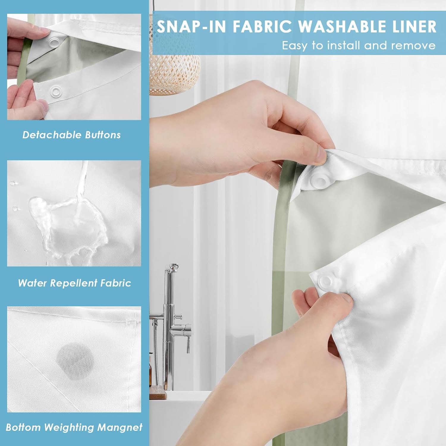 No Hook Sage Green Ombre Shower Curtain with Snap in Fabric Liner Set, Modern Geometric Double Layers Waterproof Fabric with See Through Top Window Bath Curtain 71x74 Inch