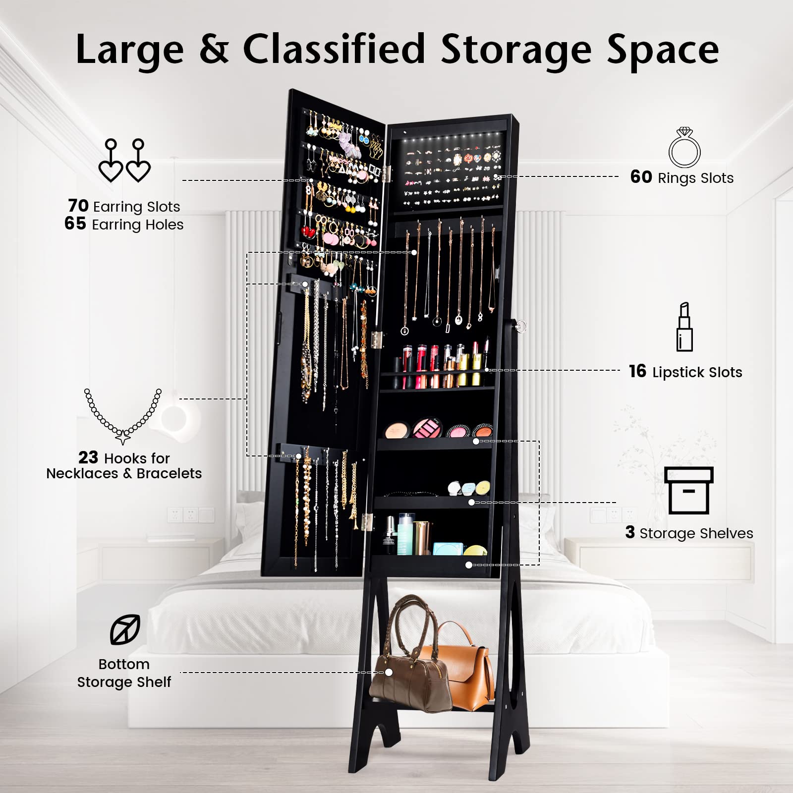 COSTWAY 12 LED Mirror Jewelry Cabinet, Freestanding Jewelry Storage Organizer w/Full Length Mirror, Large Capacity Jewelry Armoire w/Bottom Shelf, Mirror with Jewelry Storage for Women Girls (Black)