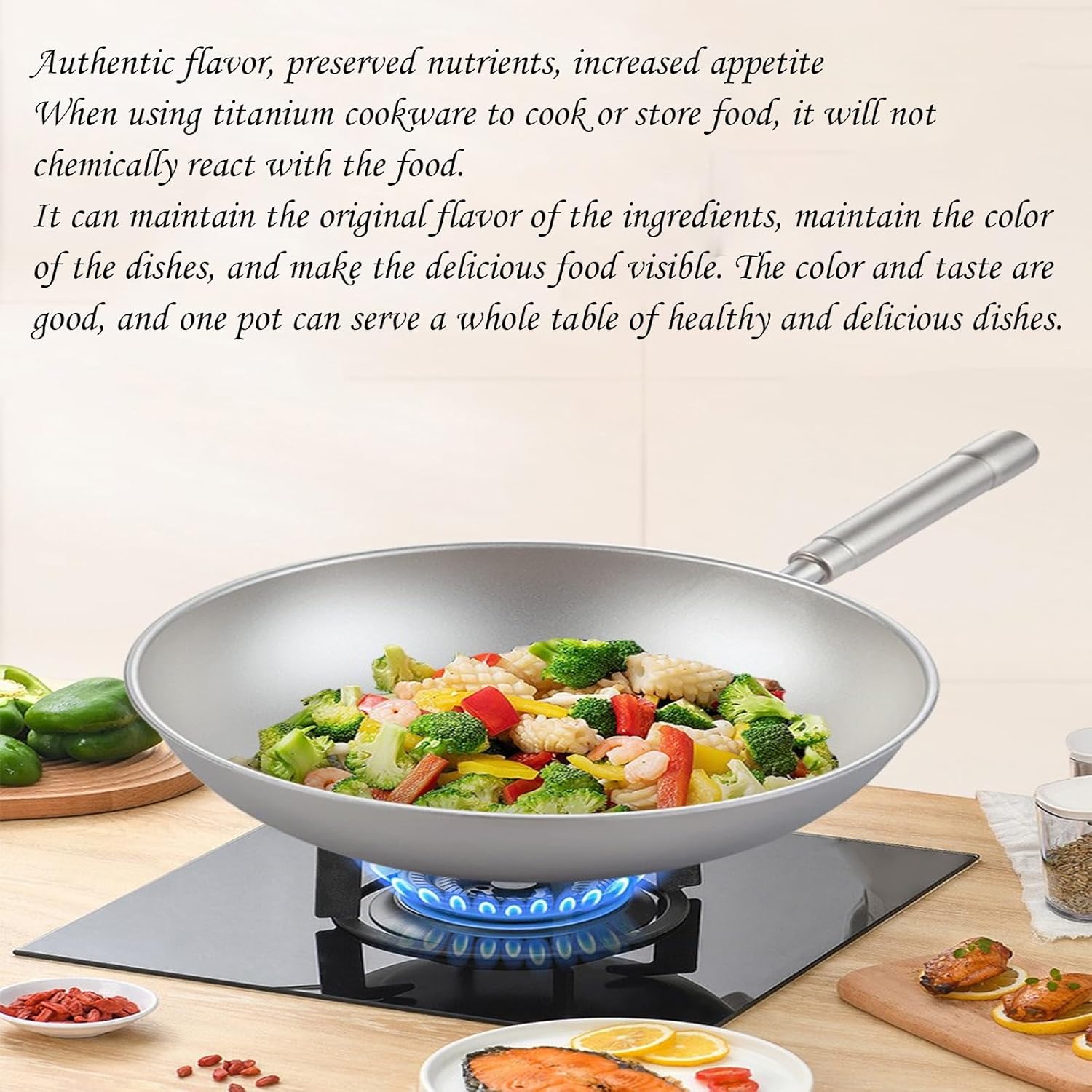 Pure Titanium Ultra Lightweight Wok Nonstick Wok Pan with Lid,Woks & Stir Fry Pans with Stay-Cool Handle,Flat Bottom Wok Suits for Induction, Electric, All Stoves,A-38cm