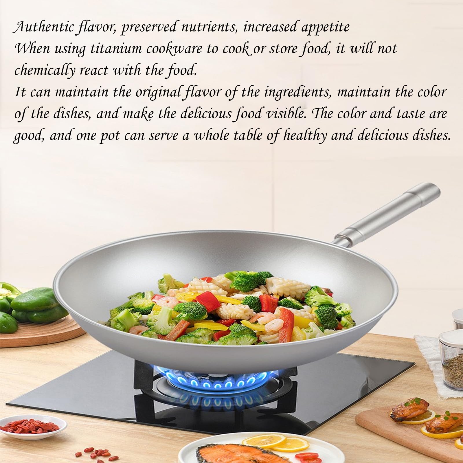 Pure Titanium Ultra Lightweight Wok Wok Pan with Lid,Woks & Stir Fry Pans with Stay-Cool Handle,Flat Bottom Wok Suits for Induction, Electric, Gas, Halogen, All Stoves (A 36cm)