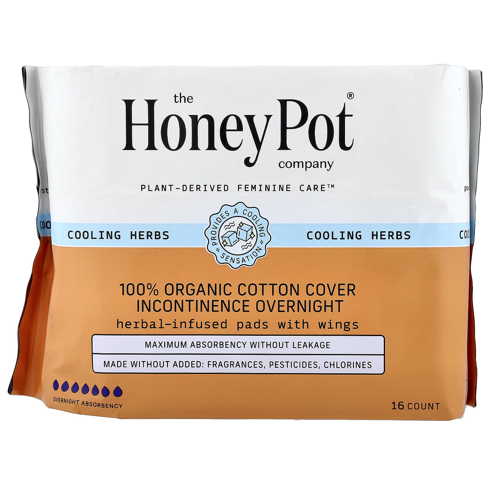 The Honey Pot Company - Herbal Pads for Women - Organic Incontinence Overnight w/Wings - Infused w/Essential Oils for Cooling Effect - Postpartum Essentials - Feminine Care - 16 ct