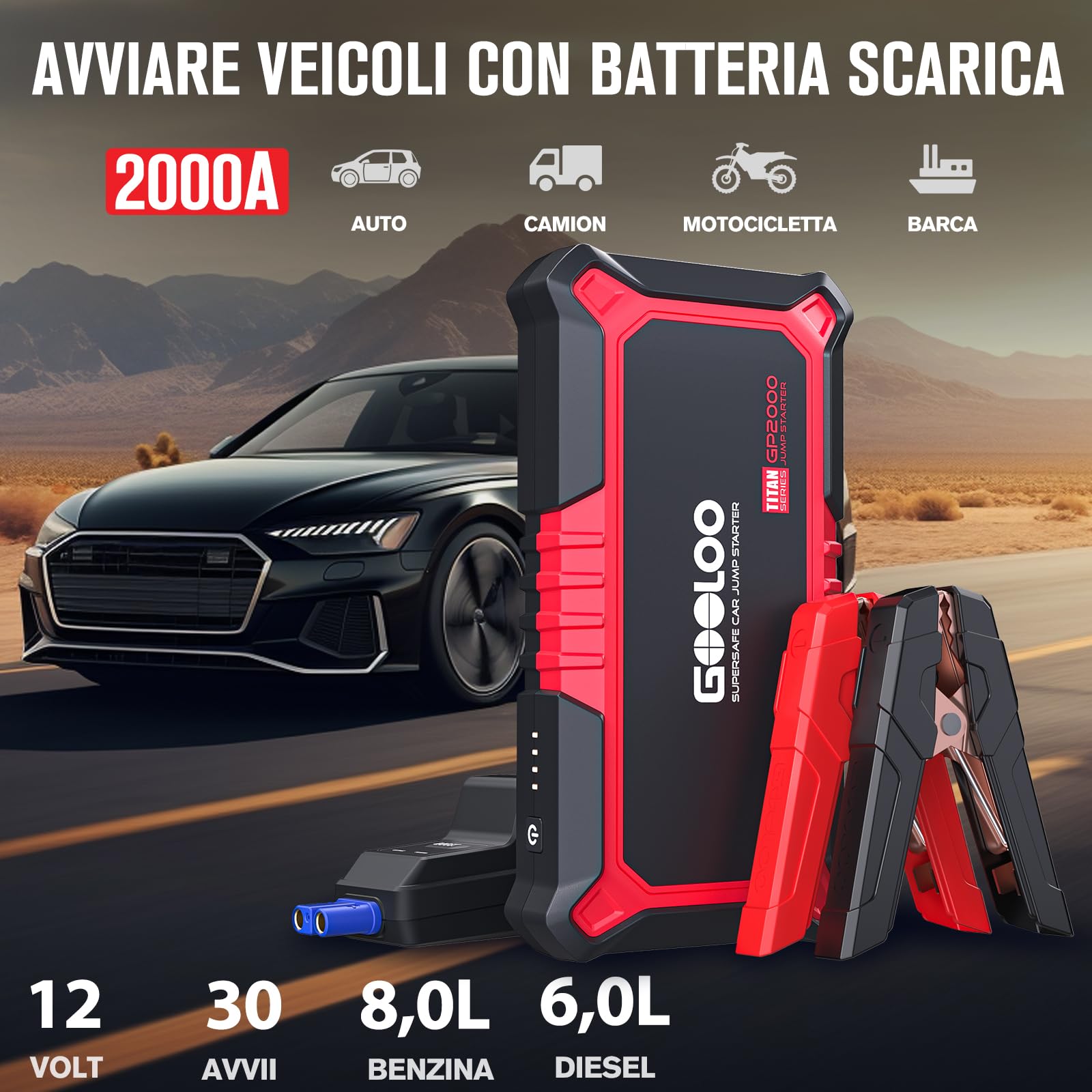 GOOLOO GP2000 Avviatore Batteria Auto, 2000A Avviatore di Emergenza per Auto/Moto, Supersafe 12V Avviatore Portatile con Cavo Intelligente, per 8.0L Gas o 6.0L Diesel