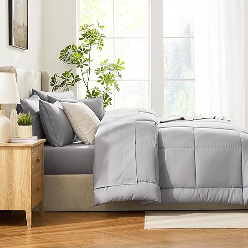 Miniatura 9 de CozyLux Juego de edredón tamaño Queen gris, 7 piezas de cama en una bolsa, edredón gris tamaño Queen, juegos de ropa de cama para todas las