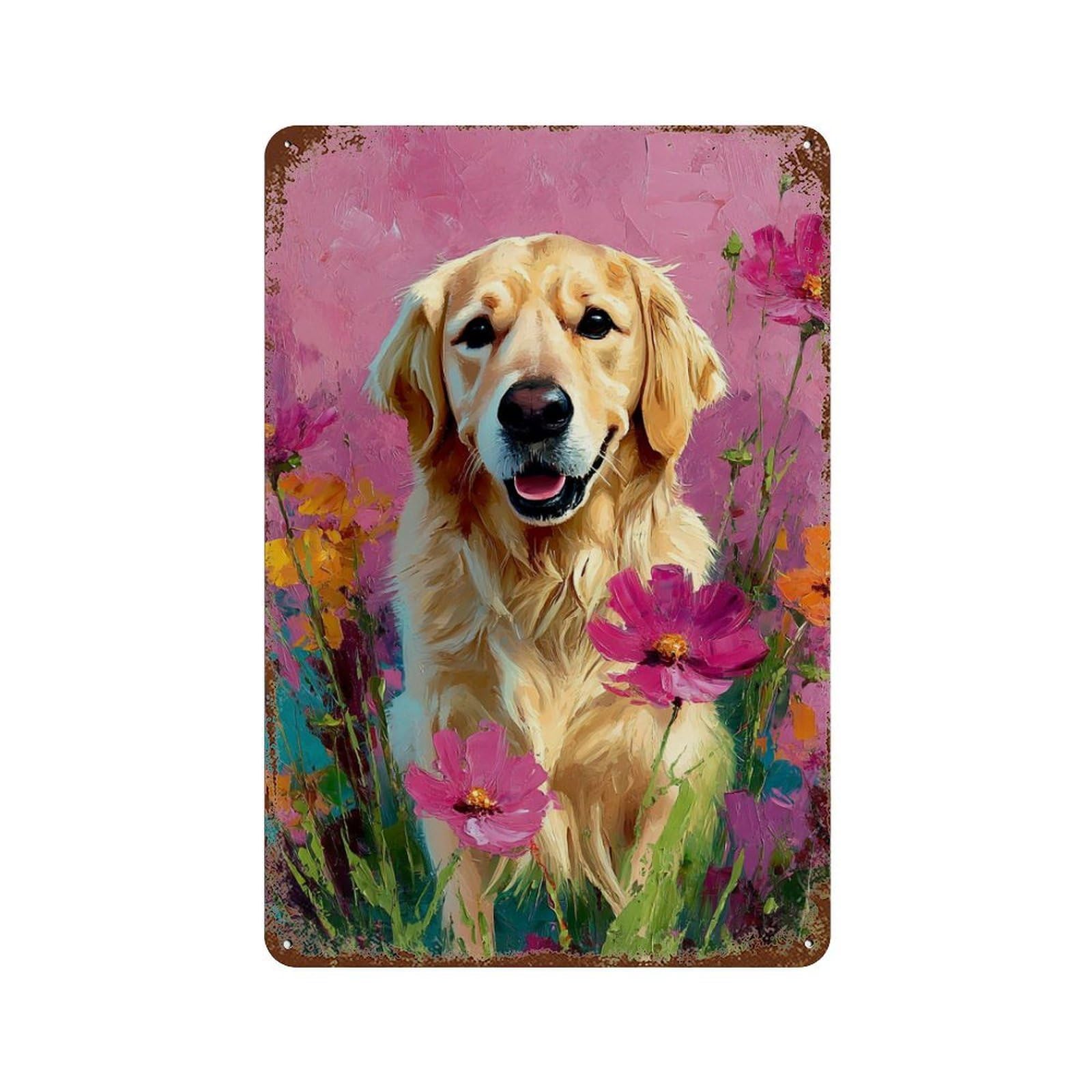 Golden Retriever in Flowers Rustic Tin Plaque 11.8"x7.9", Vintage Wall Decor for Garage, Pub Or Kitchen