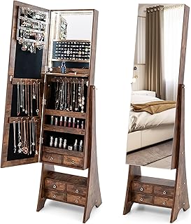 Comprar COSTWAY Armario para Joyas con Espejo, Espejo joyero con Luces LED, Estante de Maquillaje, Ángulos de Inclinación Ajustables y Gran Capacidad de Almacenamiento, Armario Joyero (Marrón)