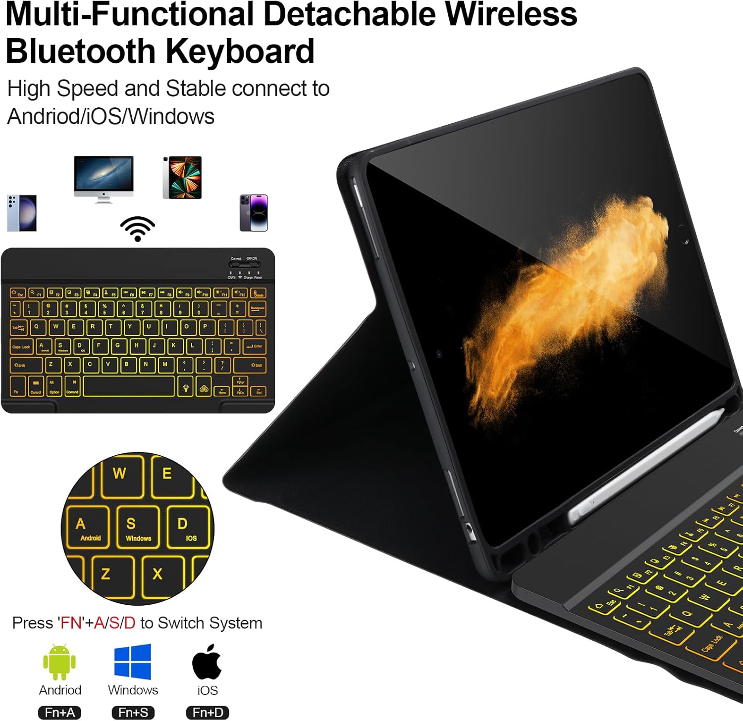 AHYWTAN Keyboard Case for iPad 9/8/7th Gen 10.2, Bluetooth Keyboard with 7 Color Backlit, iPad 10.2 inch Case with Keyboard, Pencil Holder, Black-L