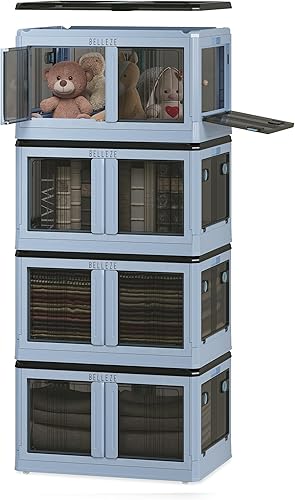 BELLEZE Contenedores de almacenamiento con tapa, 12 galones, 4 paquetes de contenedores de almacenamiento apilables de plástico con 5 aberturas,