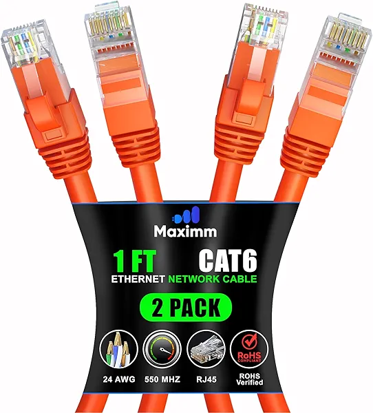 Maximm Cat 6 Ethernet Cable 1 ft (2-Pack) - High-Speed LAN Cable, Internet Cable, Patch Cable, and Network Cable - UTP, 10Gbps, 550MHz Ethernet Cord - Orange