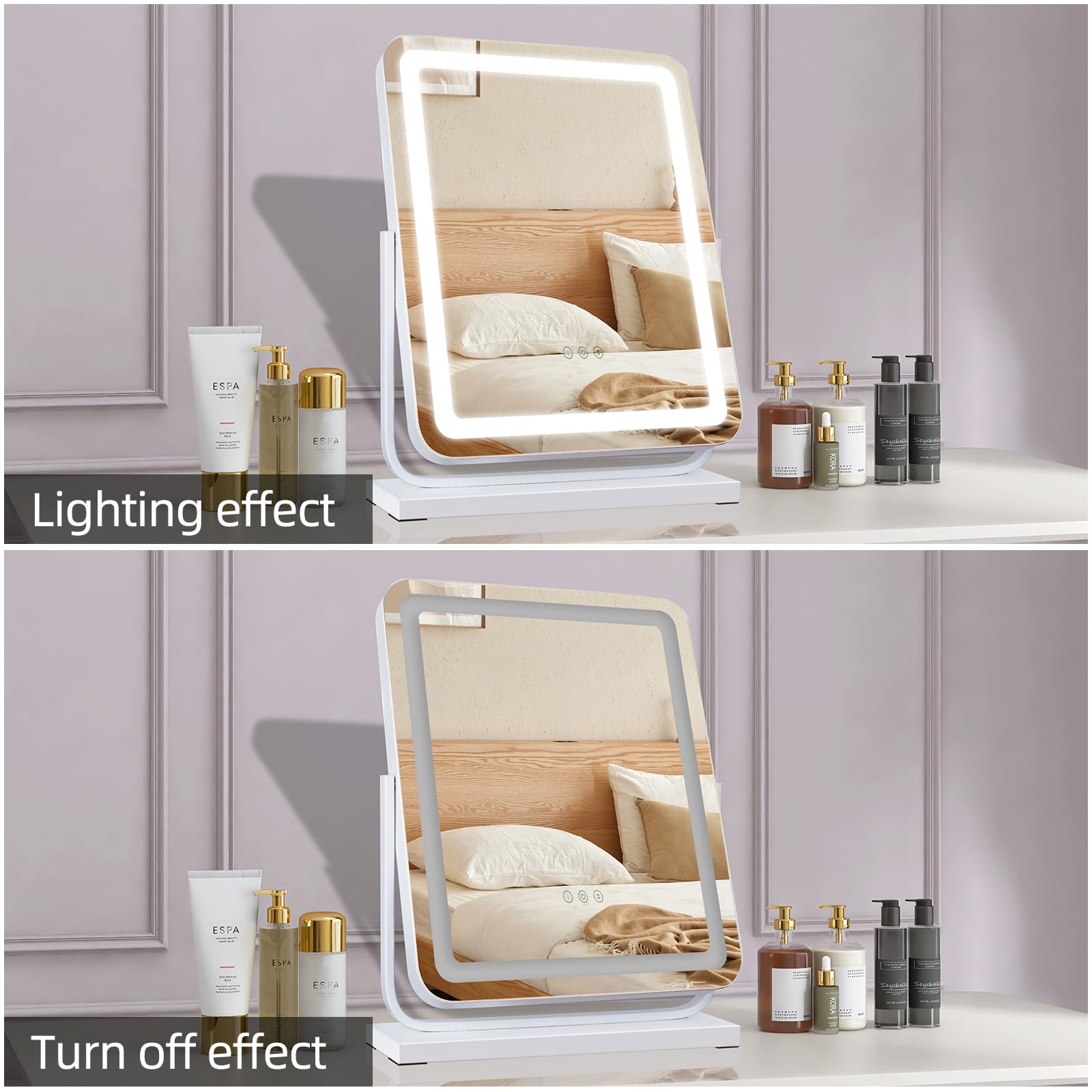 Miroir de Maquillage Lumineux LED 40x47 cm Carré, Rotation 360° Orientable avec Touche Tactile, 3 Modes de Couleur (Froid/Chaud/Naturel) à Intensité Variable Miroir de Table Hollywood