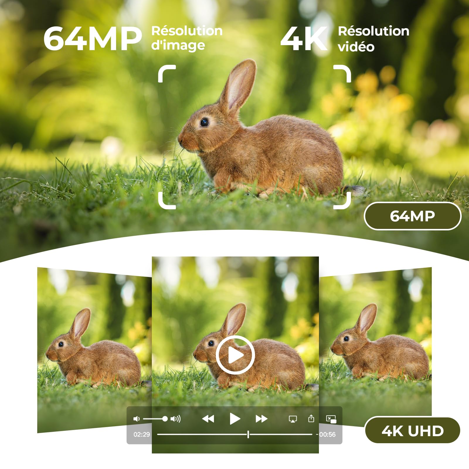 WOLFANG Caméra de Chasse, Double Objectif Caméra Chasse Solaire WiFi 4K/64MP, Détecteur de Mouvement de 0,1s, avec App, 5000mAh Batterie, Vision Nocturne étoilée, IP66 Étanche