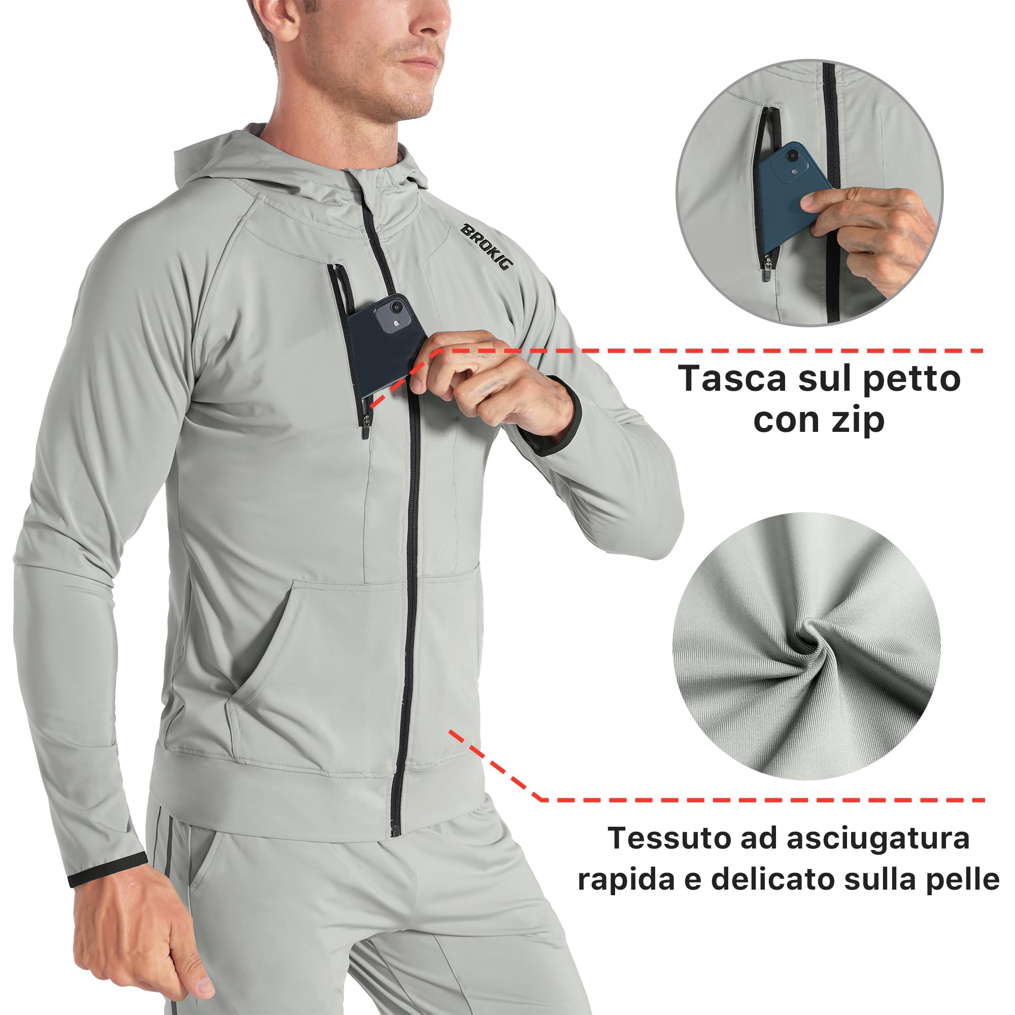 BROKIG Muscolo Slim Felpa Leggera Palestra Uomo Bodybuilding Felpe Sportiva con Zip Tasche