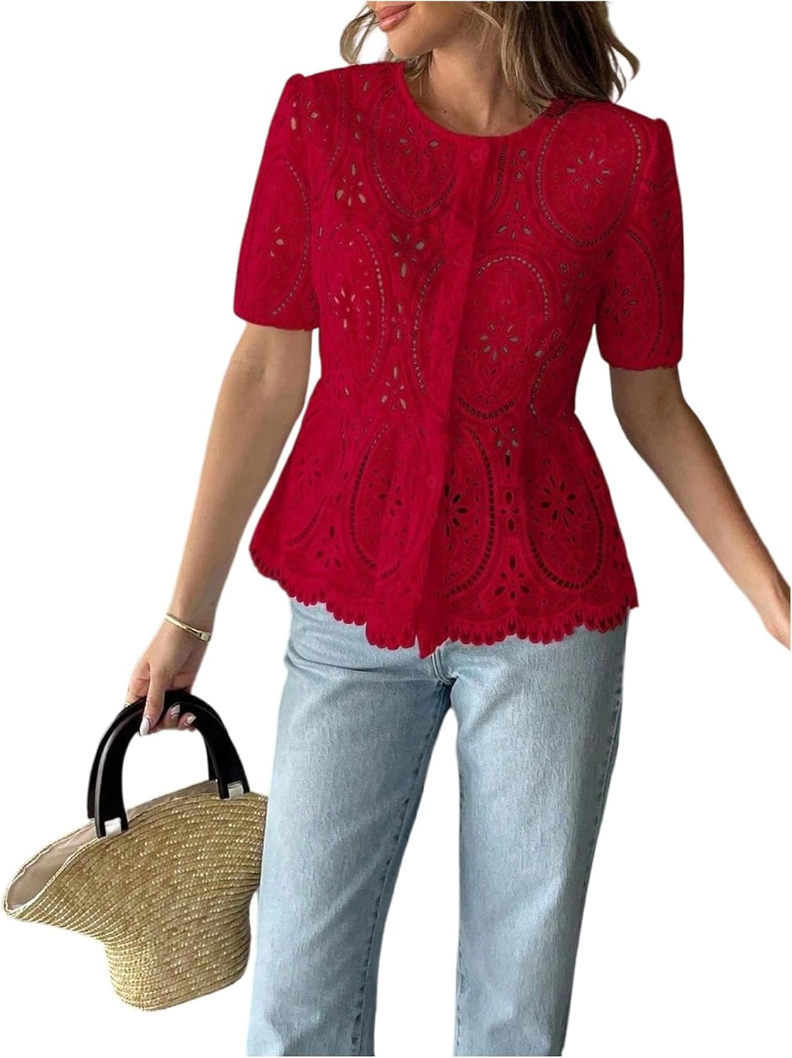 GORGLITTER Women's Eyelet Babydoll Shirts Button Up Short Sleeve Lace Boho Dressy Peplum Blouses Top