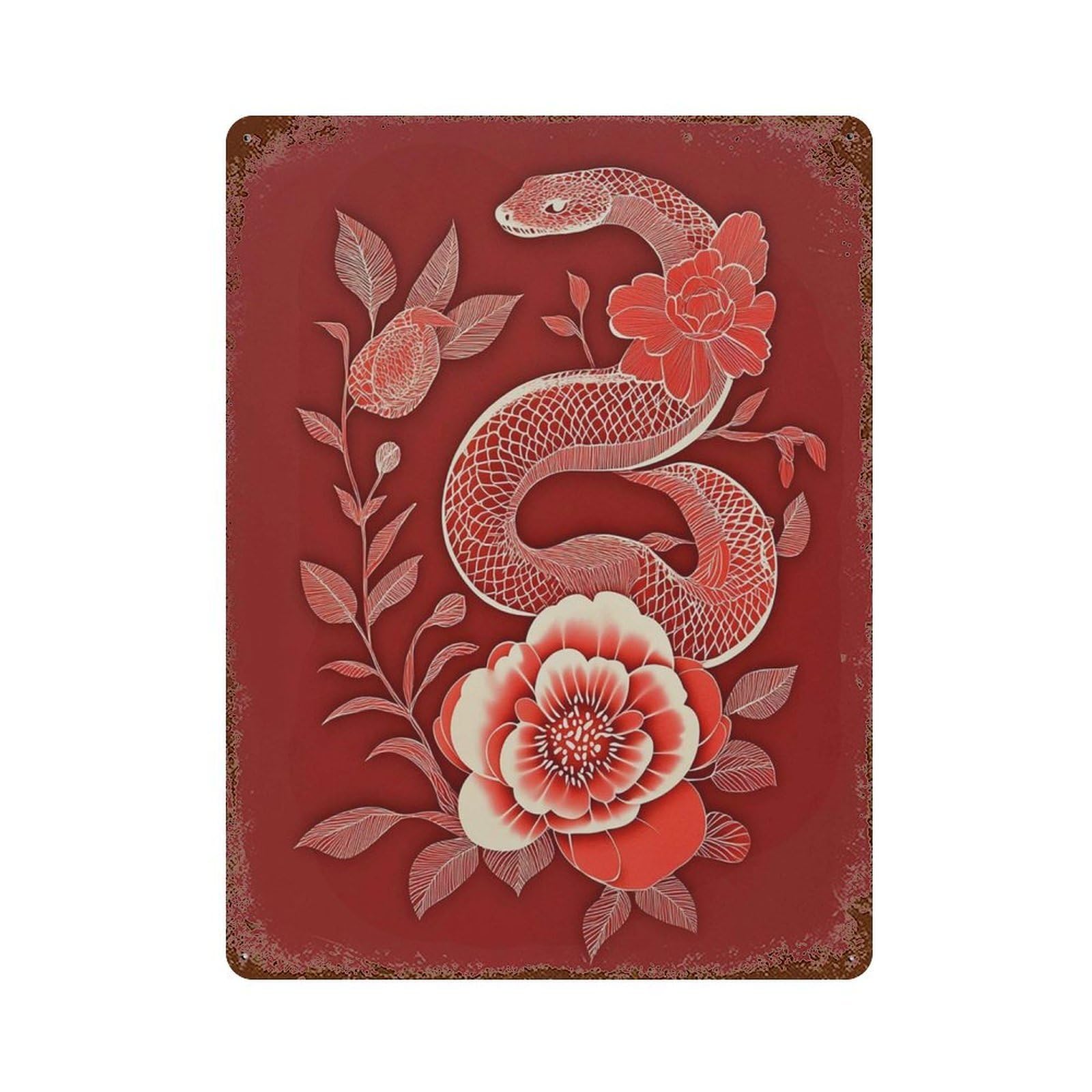 xiaoxiaoshen Red Snake Floral Oriental Bold Serpent Botanical Wall Decor Art Metal Tin Poster Modern Home Decor Art Home Bar Shop Decorations Vintage Sign 40x30cm