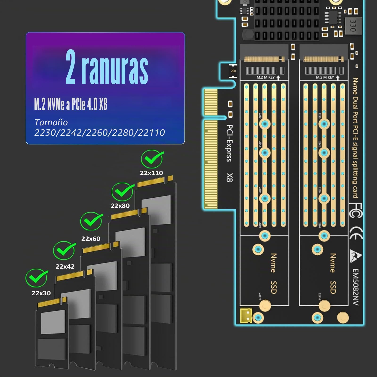 GLOTRENDS PA21 Dual Adaptador M.2 NVMe a PCIe 4.0 X8 sin bifurcación PCIe, configuración de Raid M.2 NVMe Mediante Herramienta del Sistema operativo (Compatible con tamaños 22110/2280)