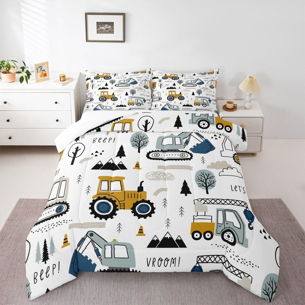 Feelyou Cartoon Car Kids Comforter Set Construction Bedding Set for Boys Toddler Decor Equipment Trucks Comforter Cartoon Car Excavator Tractor White Yellow Duvet Set Bedroom Quilt Set 3Pcs Full