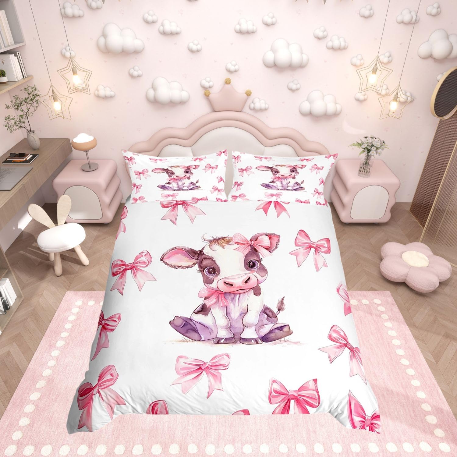 Housse de Couette Enfant Vache Douceur Rose et Nœud Papillon pour des Nuits Tendres