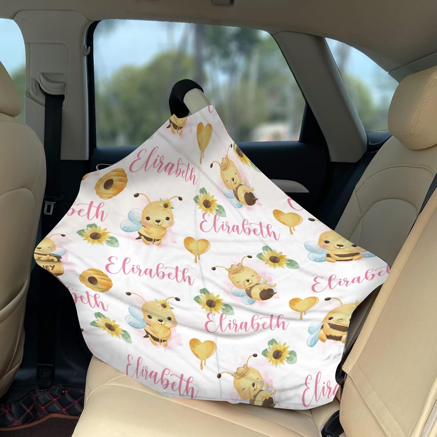 Personalized Baby Car Seat Cover Stroller Canopy: Custom Name Newborn Baby Boy Girl Elastic Bee Nursing Cover for Moms First Birthday Gift(one Size)
