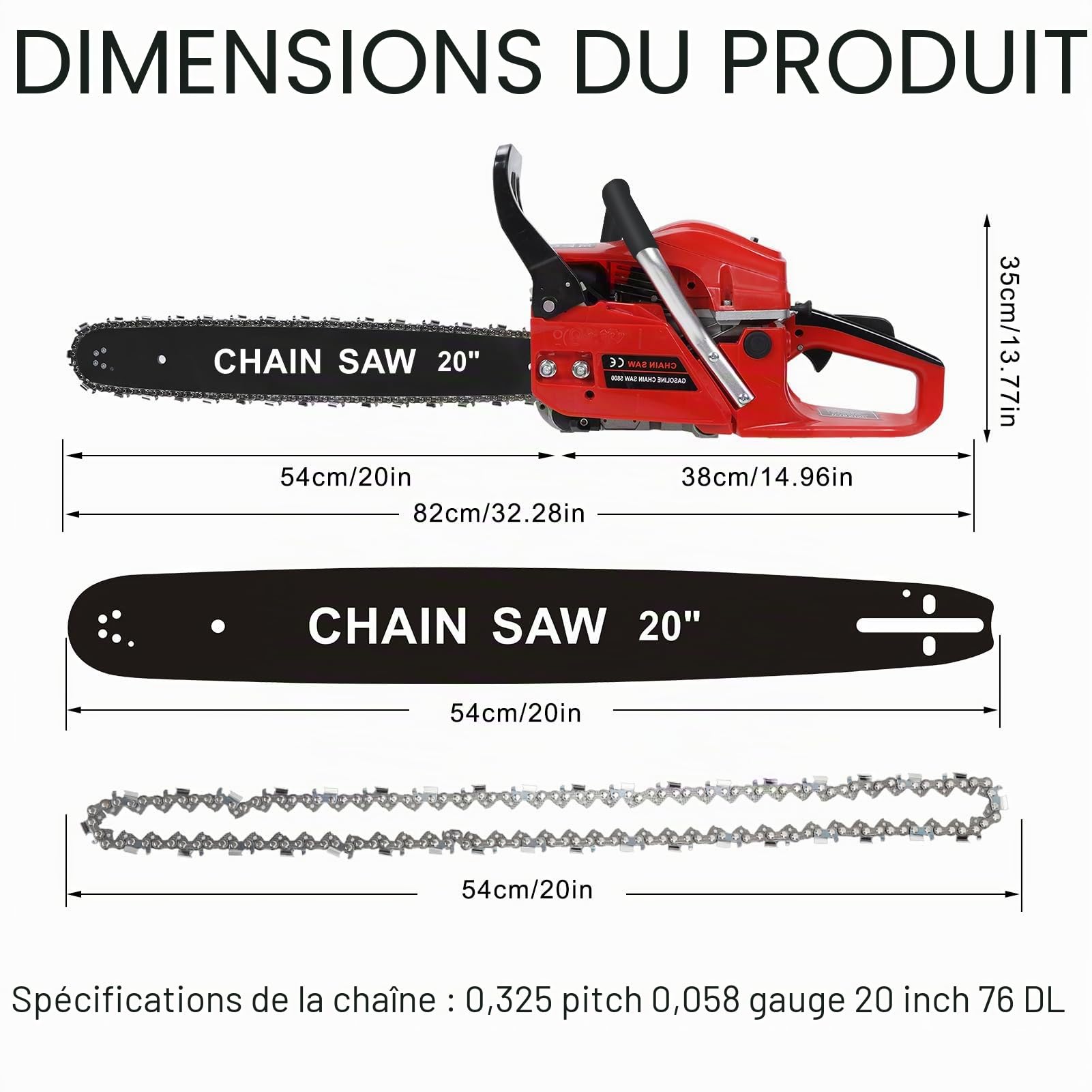 Tronconneuse Thermique 2200 W, moteur 2 températures 58cc, scie à bois sans fil haute puissance, tronçonneuse à essence portable, pour couper du bois et élaguer des arbres