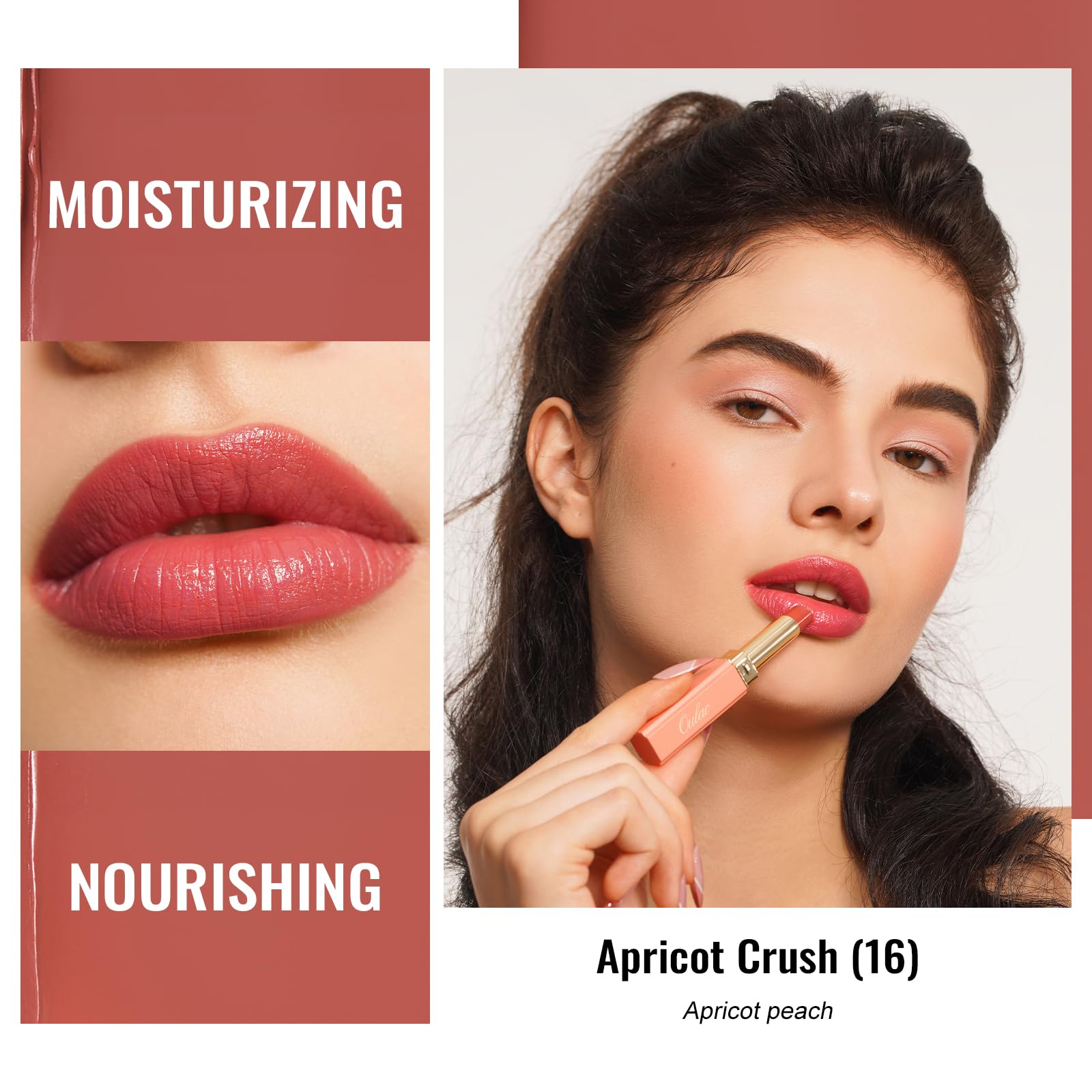 Oulac Apricot Peach Lipstick - Moisture Shine Hydrating Lipstick & Tinted Lip Balm for Dry Lips Medium Coverage Lip Colour - Image 2