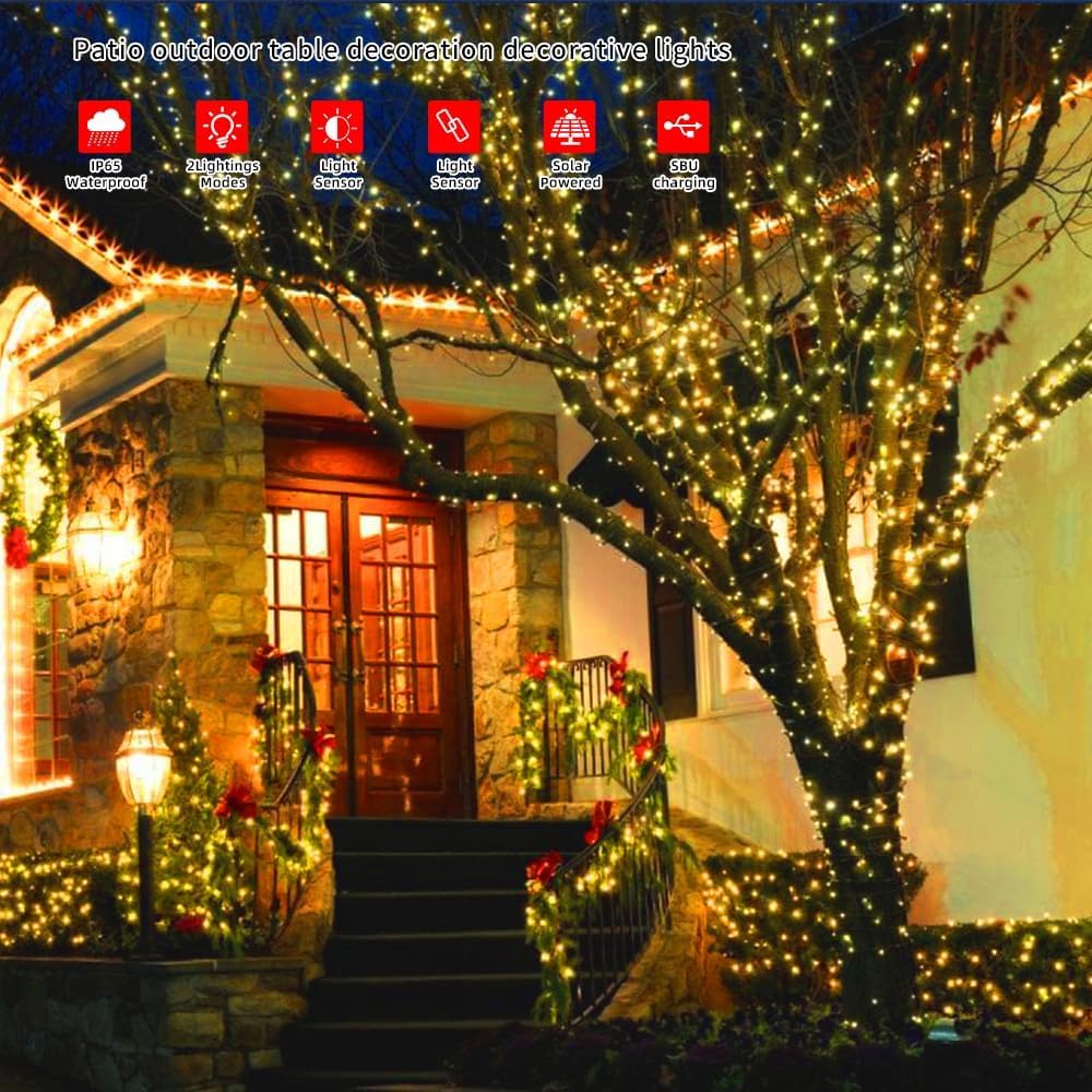 SOLARBABY Solar Christmas Lights Outdoor Waterproof, 164FT 500 LED 19 Modes Solar Sting Lights for Outside Xmas Tree Garden Patio Wedding Christmas Decorations, Warm White