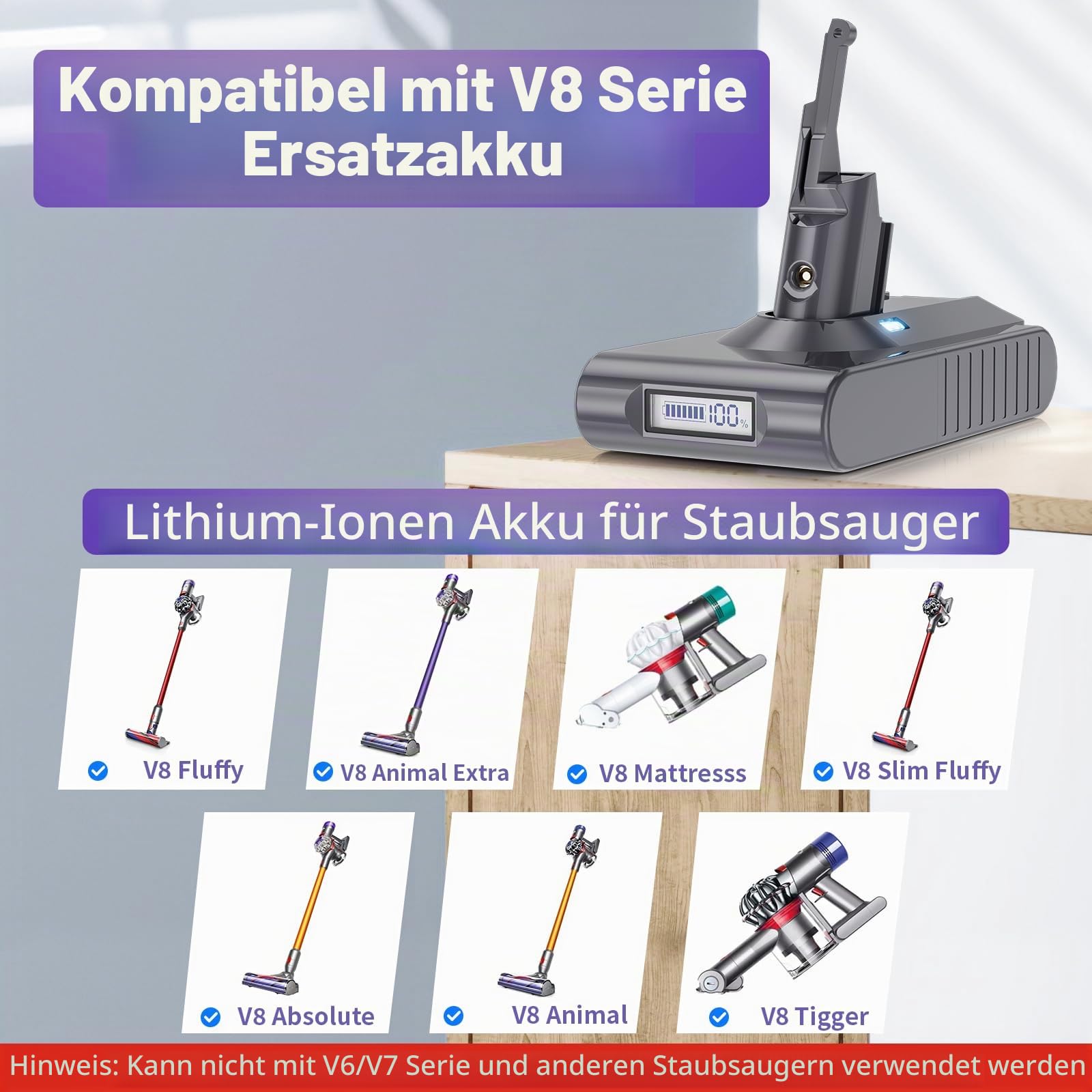 V8 Akku für Dyson 8000mAh Li-Ion Ersatzakku für Dyson V8 SV10 Animal Absolute Fluffy Motorhead Total Clean Staubsauger mit LCD-Batterieanzeige (2 Filter+1 Schraubendreher+3 Schrauben+1 Bürste)