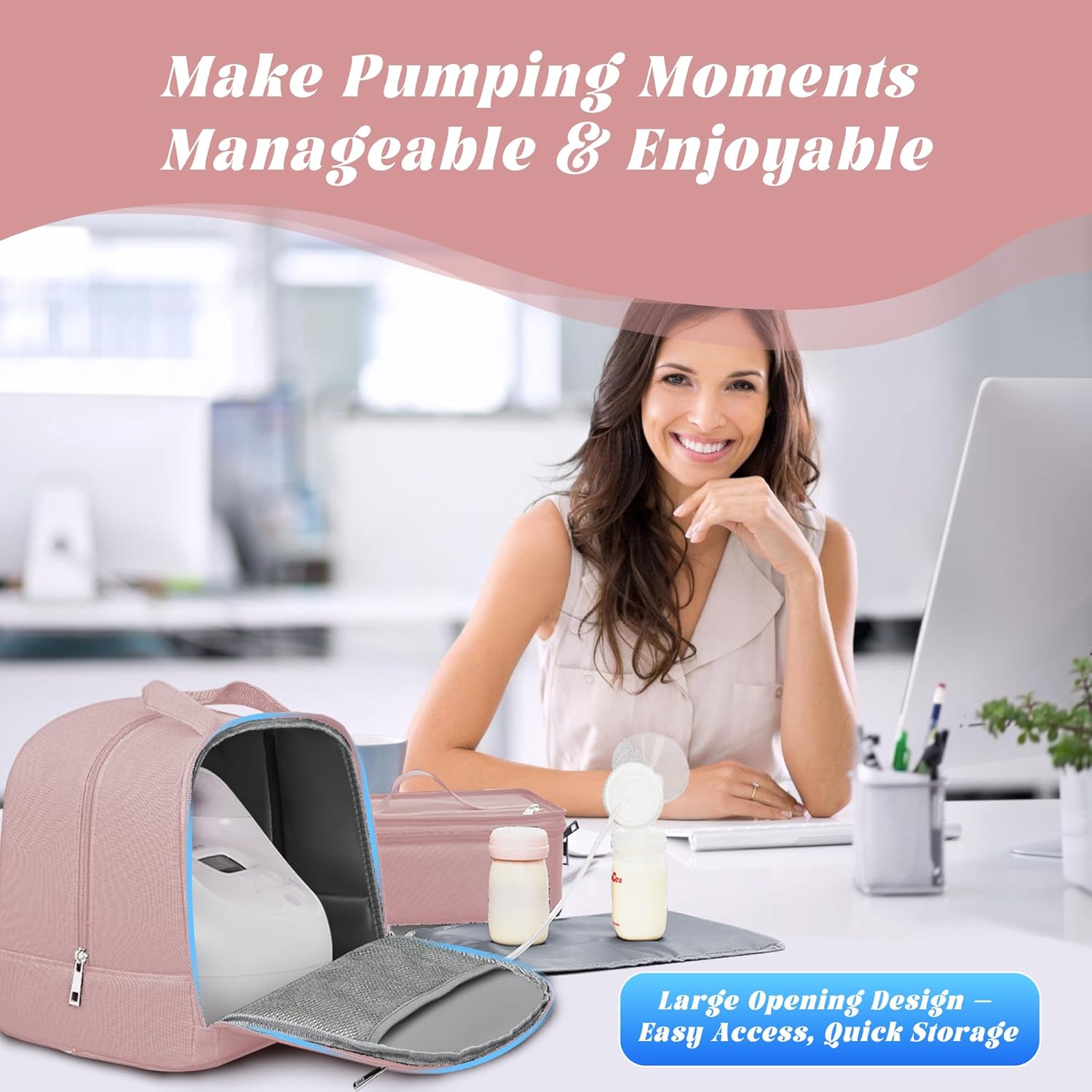 Breast Pump Bag with Insulated Cooler, Double-Layer Pumping Bag for Work & Travel, Fits Most Electric Breast Pumps, Includes 10 Ice Packs & Waterproof Mat, Detachable Bottle Cooler Tote, Pink - Image 6