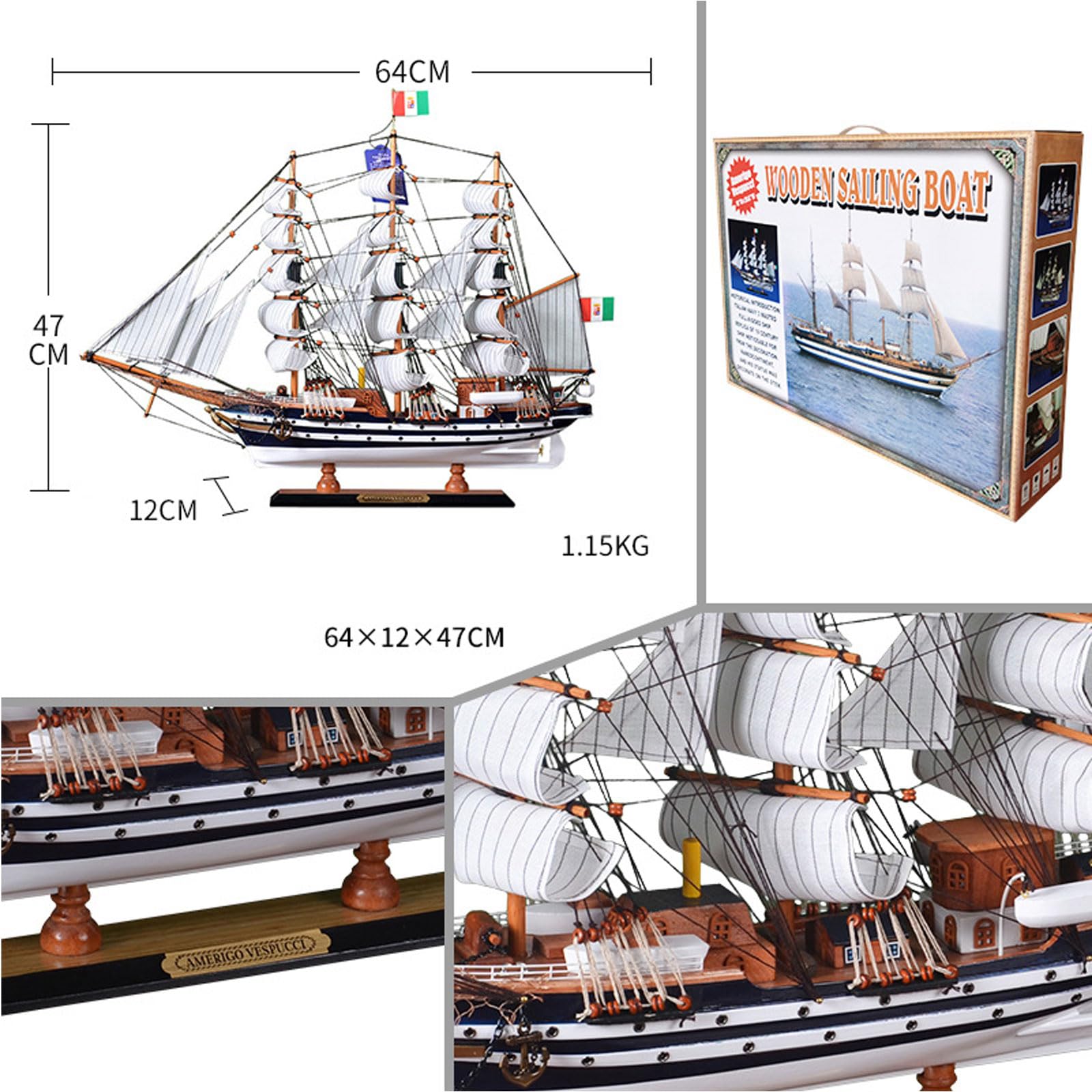 YLME Modellino Di Nave in Legno 65 cm Modello Di Barca A Vela in Legno Massello Amerigo Vespucci Ornamenti Nautici in Legno Completamente Assemblati Collezione Per La Decorazione Della Casa