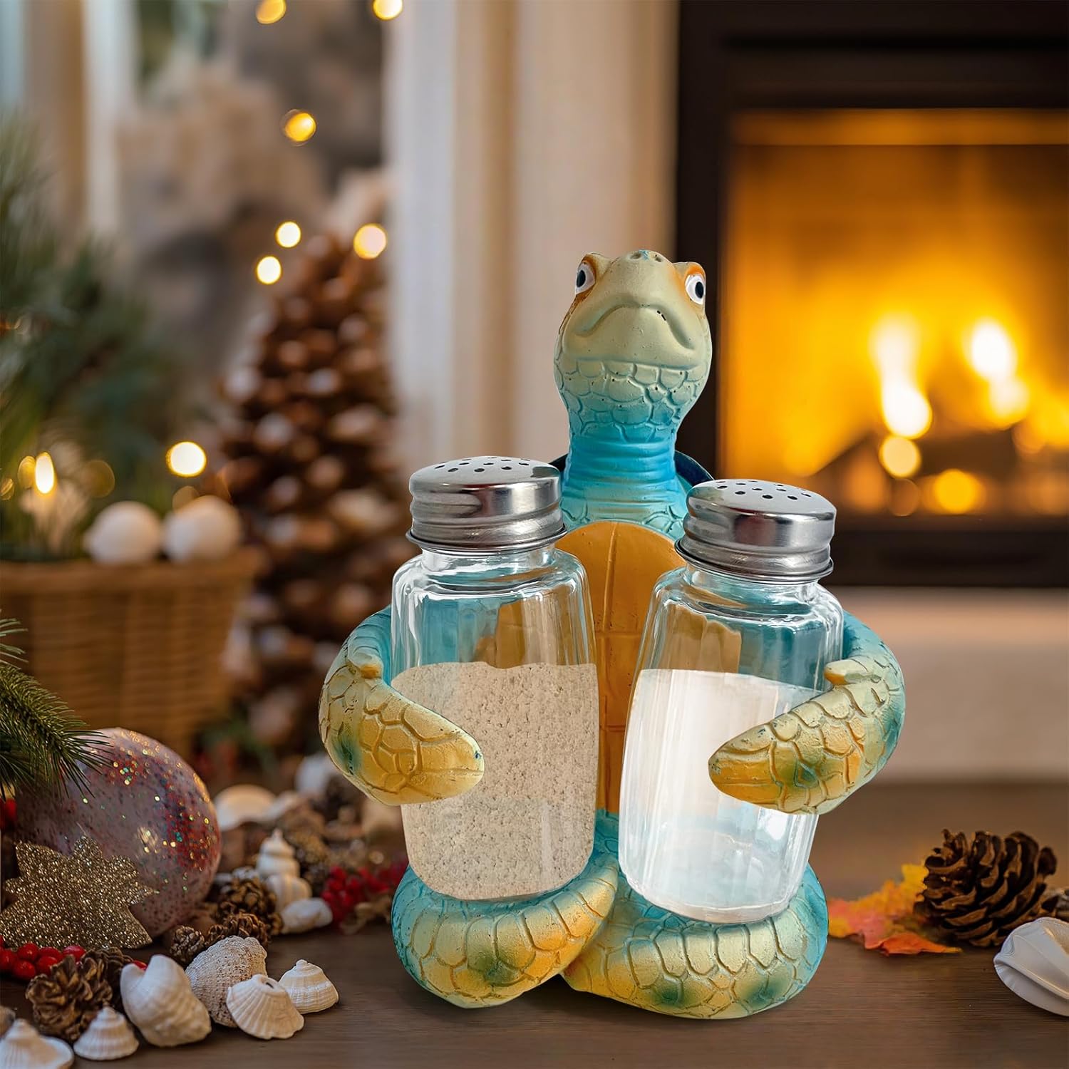 LIFFY Sea Turtle Decor With Salt and Pepper Shaker Turtle Figurines Decor with Holder Figurine for Beach Bar or Tropical Kitchen Home Decor Turtle Table Decorations For Home Gifts (Blue And Yellow)