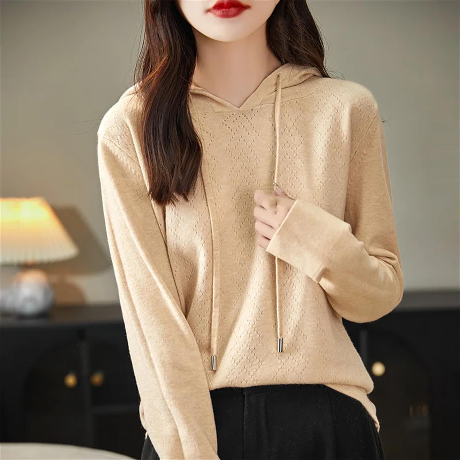 Pullover da donna con cappuccio in cashmere primaverile maglione con cappuccio sciolto felpa con cappuccio a maglia rosso lampone, Rosso lampone., XS