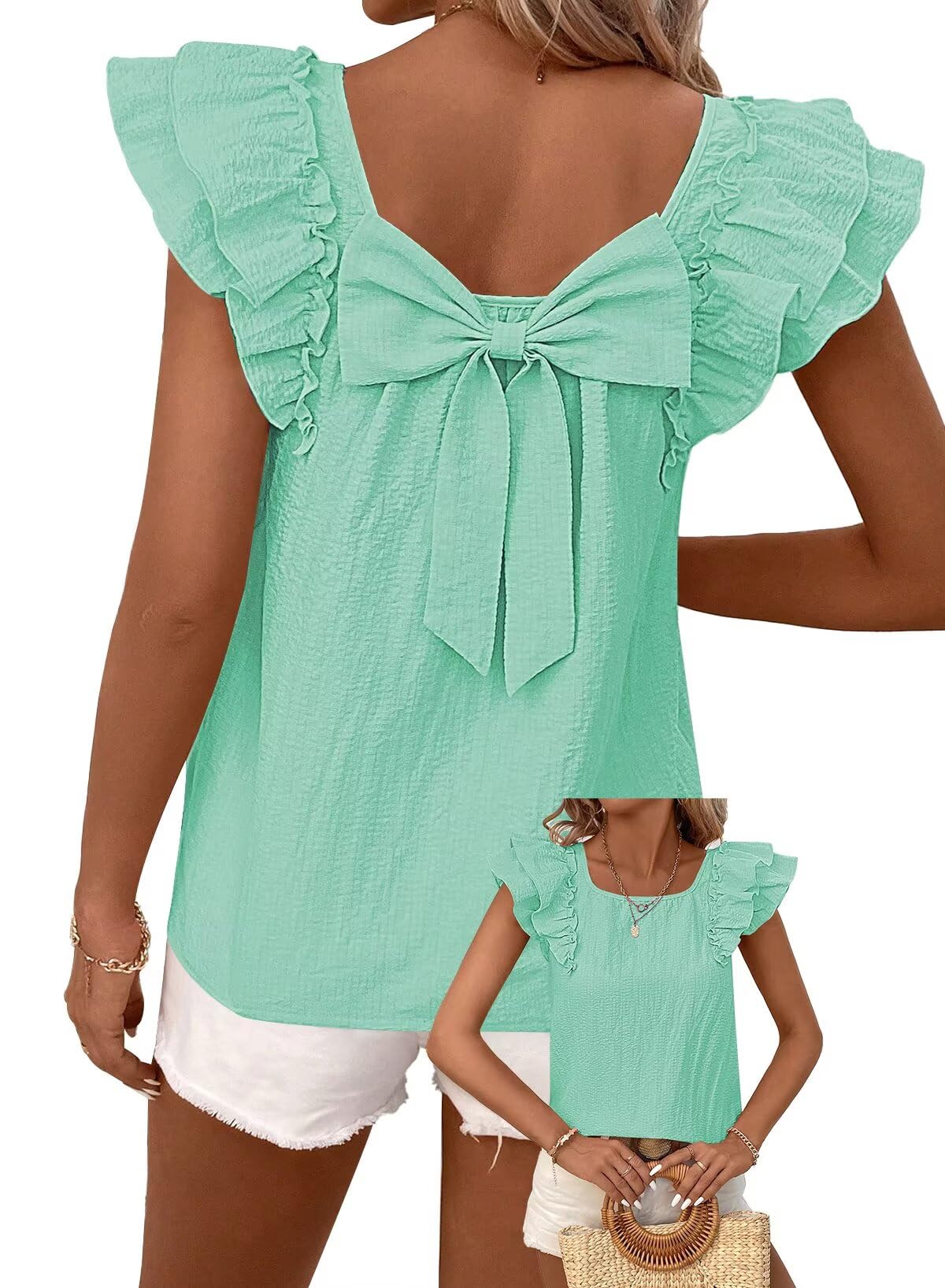 TUUHAW Top Damen Sommer Süße Oberteile Rundhals T-Shirt Kurzarm Bluse mit Rüschen Tunika Lässige Outfits Chiffon Puffärmel Rücken-Schleife Kleidung