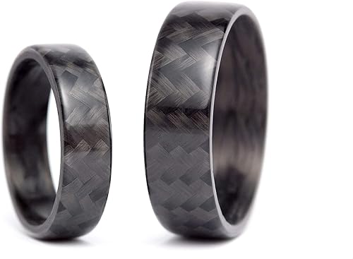 Set of two glossy black carbon fiber wedding and engagement bands. Unique jewelry rings. Engagement Rings (00105_5N7N)