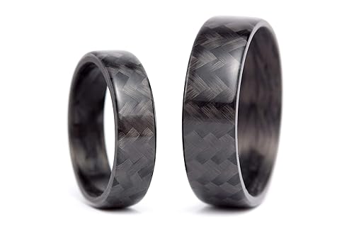 Set of two glossy black carbon fiber wedding and engagement bands. Unique jewelry rings. Engagement Rings (00105_5N7N)