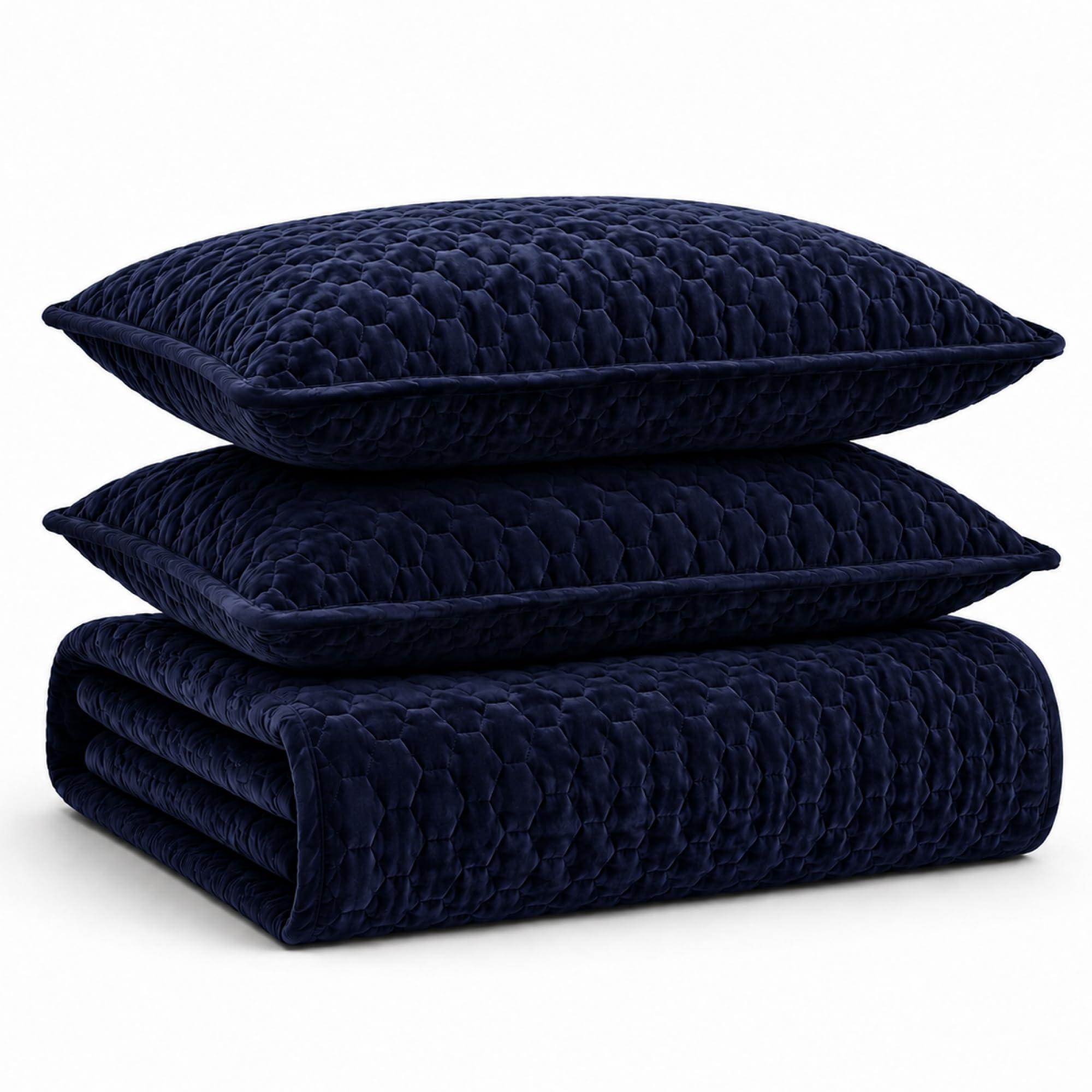 Tribeca Living Velvet Queen Quilt, Three-Piece Honeycomb Stitch Bedding Set Includes One Oversized Quilt & Two Sham Pillowcases, 260GSM Super Soft Velvet, Lugano/Indigo