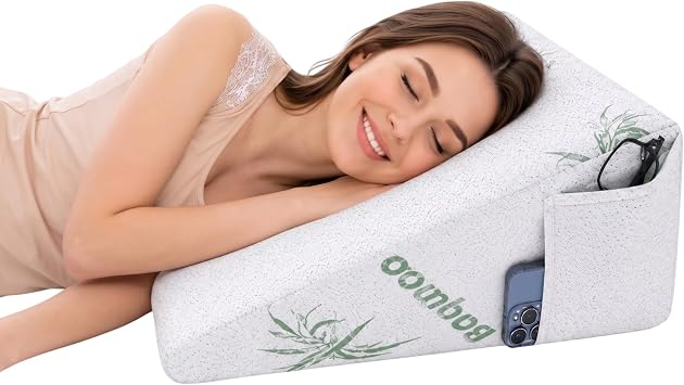 Bed Wedge Pillow for Bed Adult Memory Foam, Premium Bamboo Wedge Cushion Acid Reflux Pillow for Reduce Snoring Back Pain, Heartburn & Maternity Support, Washable Zip Cover Pack of1